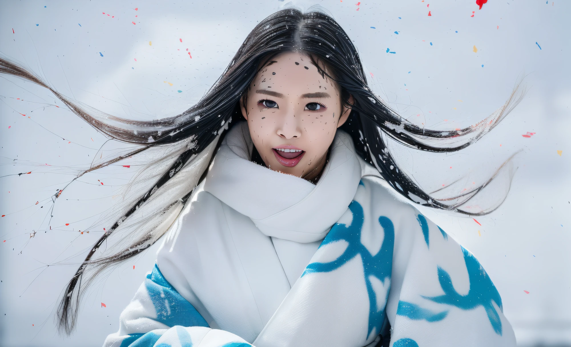 ((Snow Spirit)), ((Full Shot)), (((Intense snow and wind blow the spirit's body)), Snow Spirit has a pure white and beautiful face, looks lonely, wears (((White kimono)), skin is translucent white, (((hair is long and black)), eyes shine blue, (((Strong wind violently shakes the spirit's long black hair))), In the darkness only the snow spirit is illuminated and fantastic, photorealistic, Watercolor, wet-on-wet or splatter technique, perfect composition, abstract, surrealism, masterpiece, highest quality, ultra detail, HDR, 8K