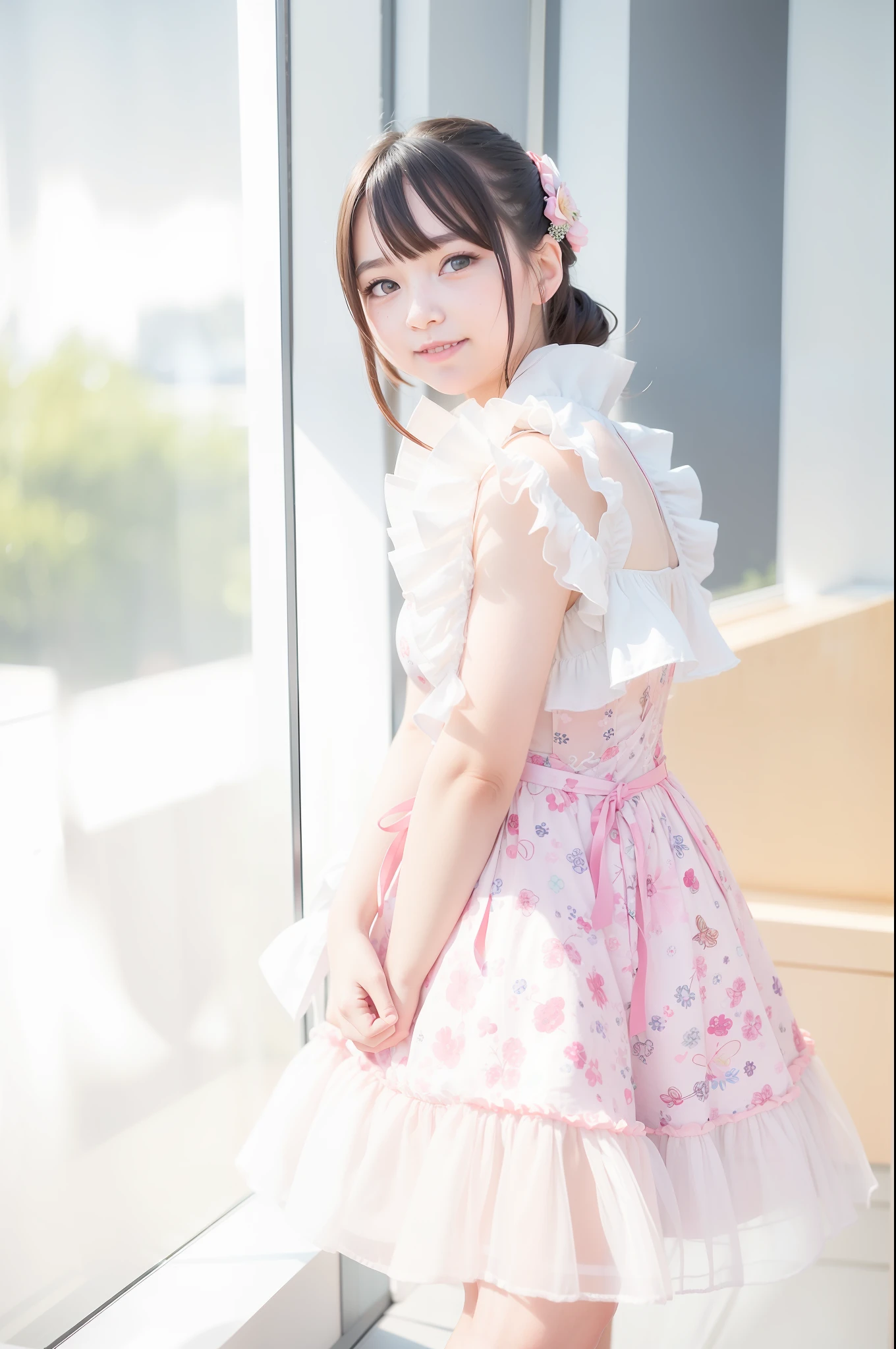 Pretty little girl in dress standing in front of window, Lori in dress, Portrait of magical Lolita girl, Portrait of radical Lolita girl, summer morning light, shot in Canon EOS 5d Mark IV, smile, light pink dress