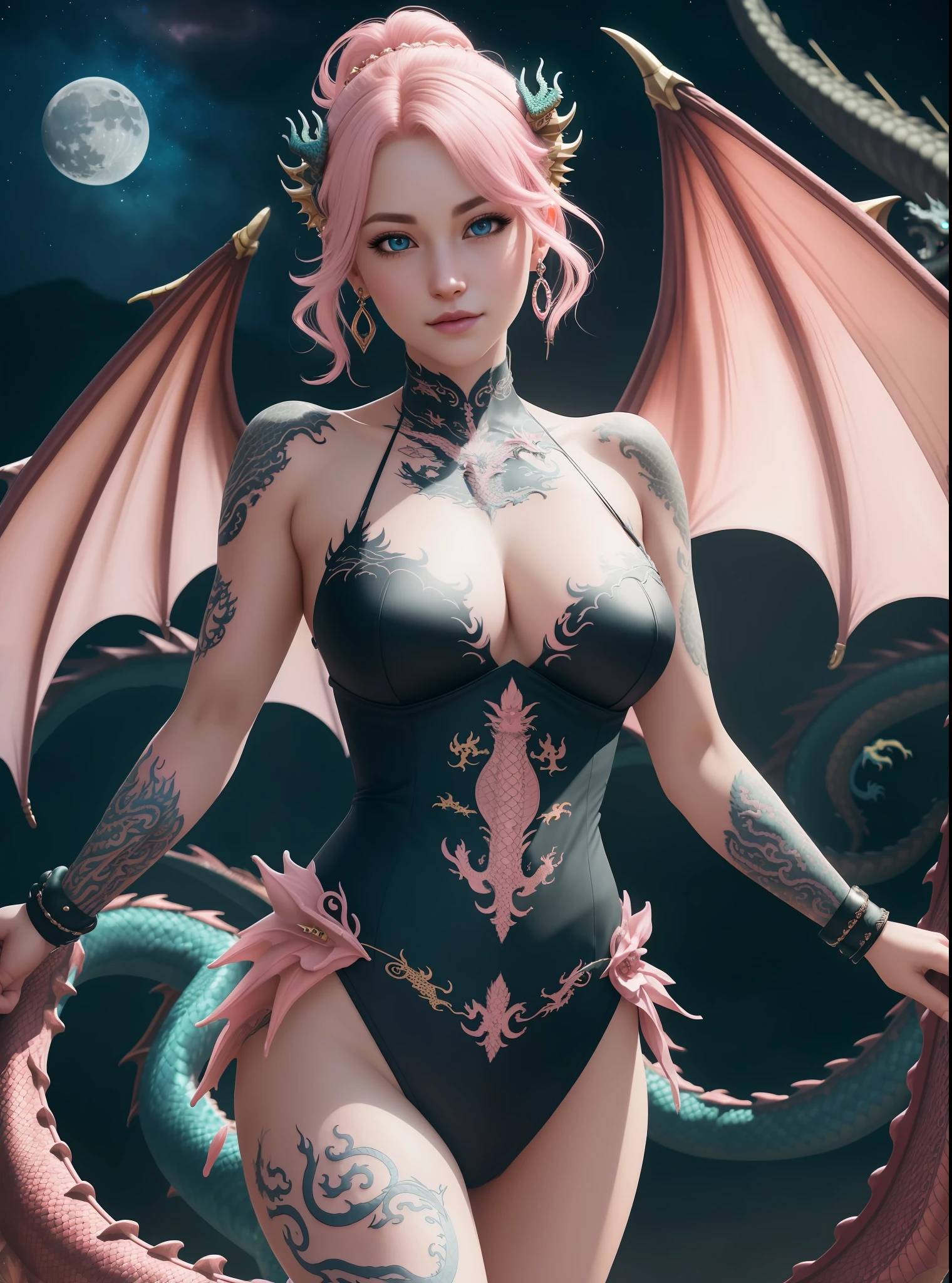 extremely detailed CG unity 8k wallpaper,masterpiece, best quality, ultra-detailed, beautiful detailed eyes:1.2,best illumination, (best shadow, an extremely delicate and beautiful, bloom),dragon_real, (1gril),solo,pink hair,(blue eyes:1.1),short hair,Bare shoulders,black dress,jewel,earrings,bare legs, (pink dragon:1.4),(tattoos and dragon),collarbone,lips,moon,gigantic hanging ,White silk stockings,lace,Anime face,2.5D,8k, Beautiful facial features,starry sky,Complex decoration,Black Armor,looking at viewer,Strong lighting,light and shadow texture,texture details,