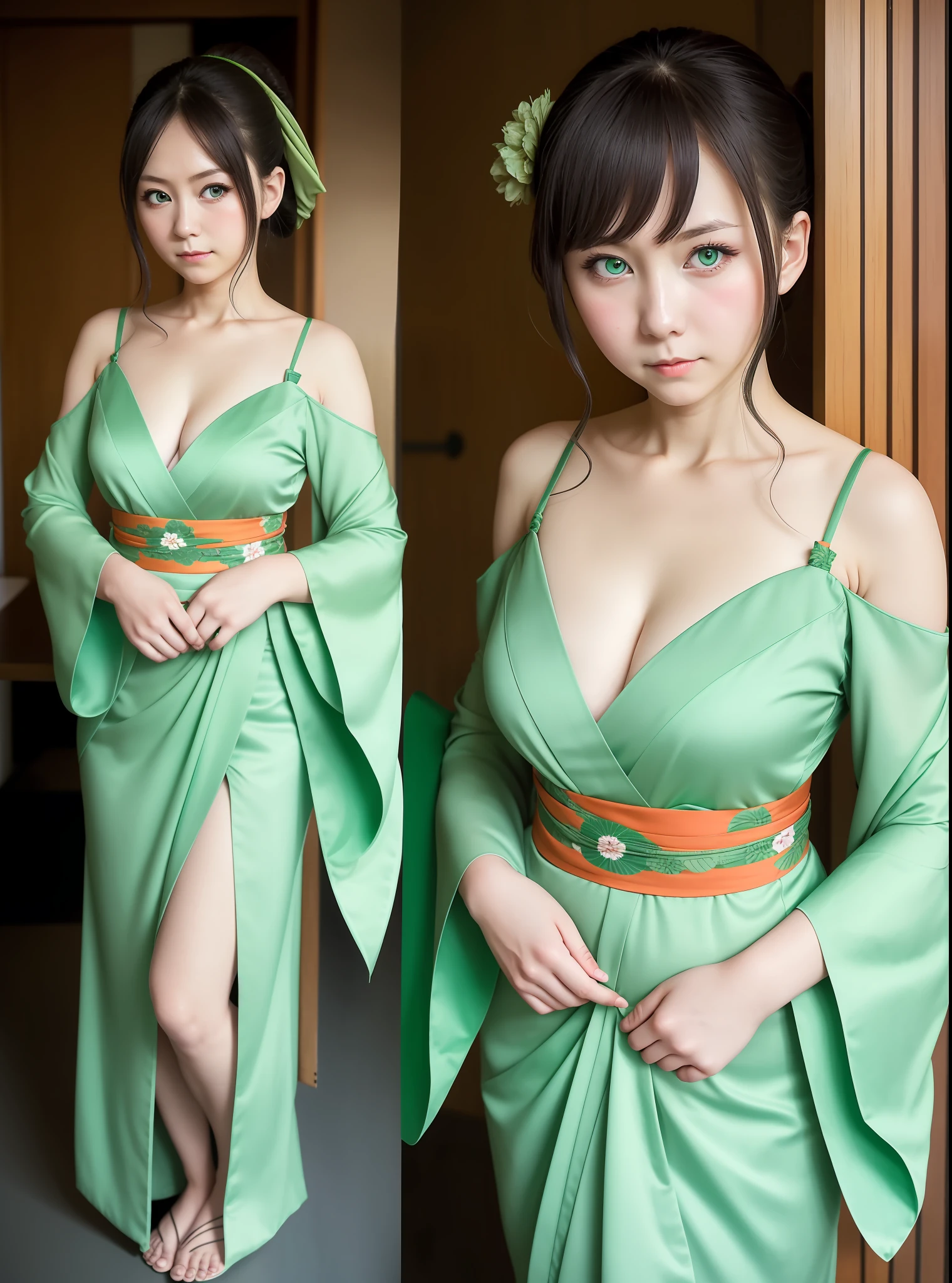 1girl, solo, tatsumaki, kimono, cleavage, bare shoulders, pelvic curtain, arms behind back, green eyes, embarrassed, looking at viewer, standing, simple background,
