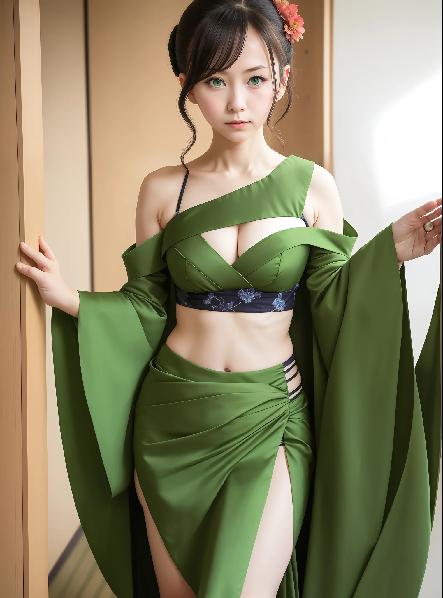 1girl, solo, tatsumaki, kimono, cleavage, bare shoulders, pelvic curtain, arms behind back, green eyes, embarrassed, looking at viewer, standing, simple background,