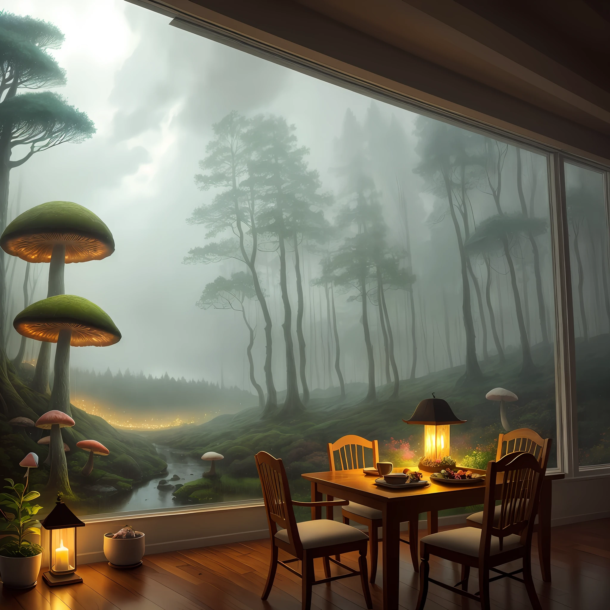 A dreamlike illustration featuring a cozy interior scene, drawn by Adrian Smith, with rain and storm clouds visible outside a window. The scene includes magical forests filled with colorful mushrooms and creatures, and audio waves can be heard in the background. The image is rendered in a warm, colorful style with a focus on contrast and texture