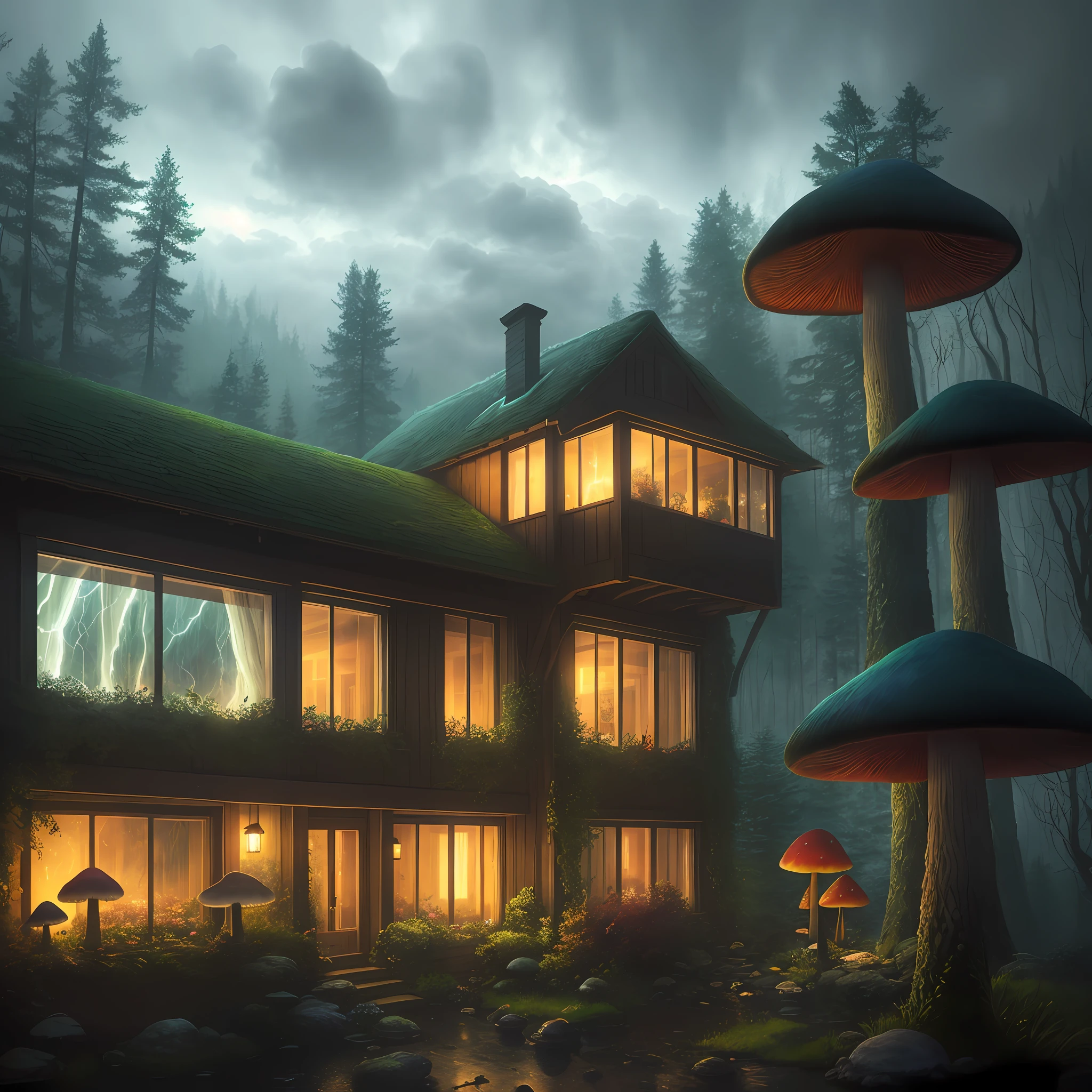 A dreamlike illustration featuring a cozy interior scene, drawn by Adrian Smith, with rain and storm clouds visible outside a window. The scene includes magical forests filled with colorful mushrooms and creatures, and audio waves can be heard in the background. The image is rendered in a warm, colorful style with a focus on contrast and texture