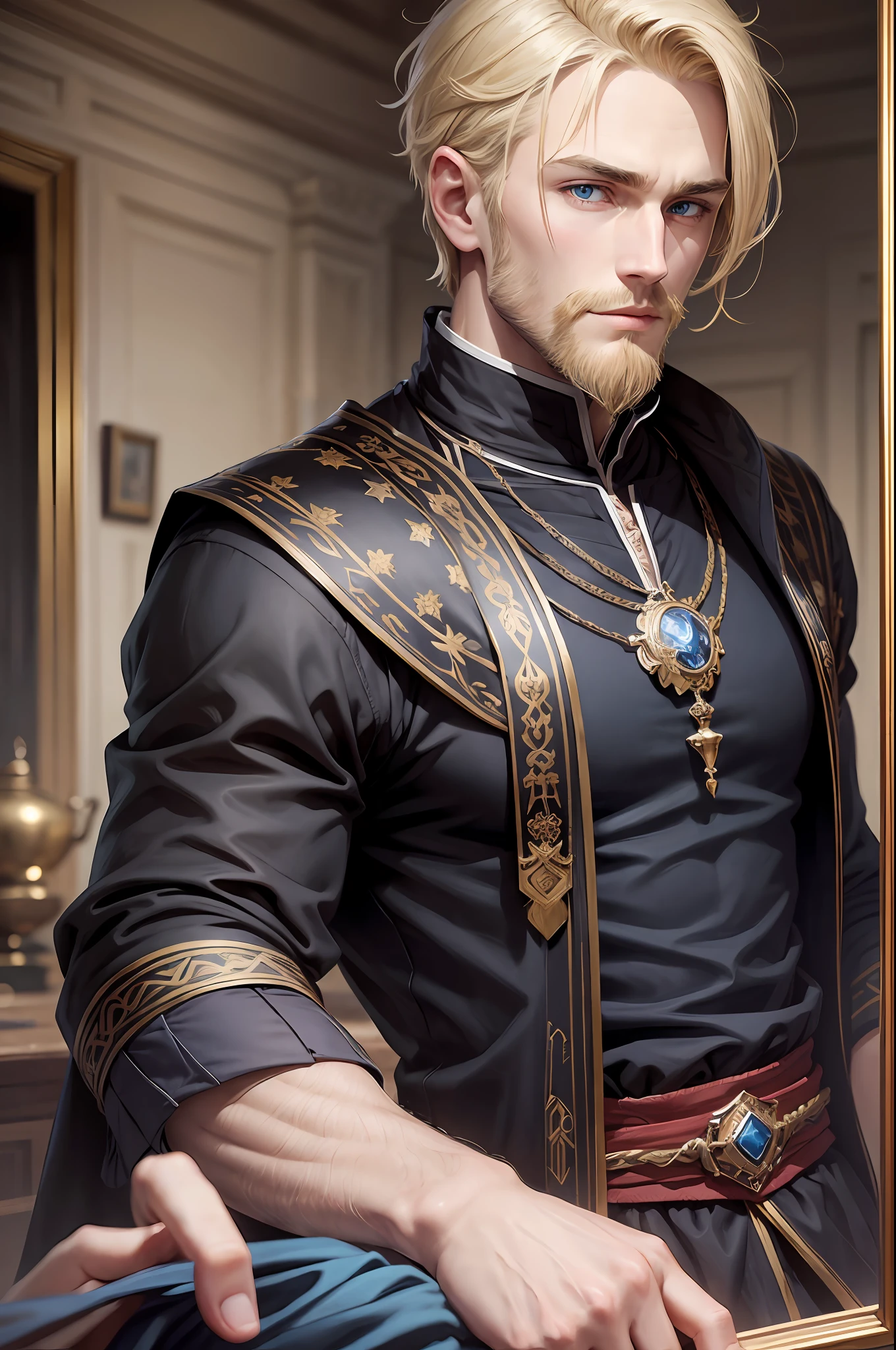 blonde man, blue eyes, short hair, thin beard on chin, wearing black clothes of a noble king, masterpiece, best quality --auto --s2