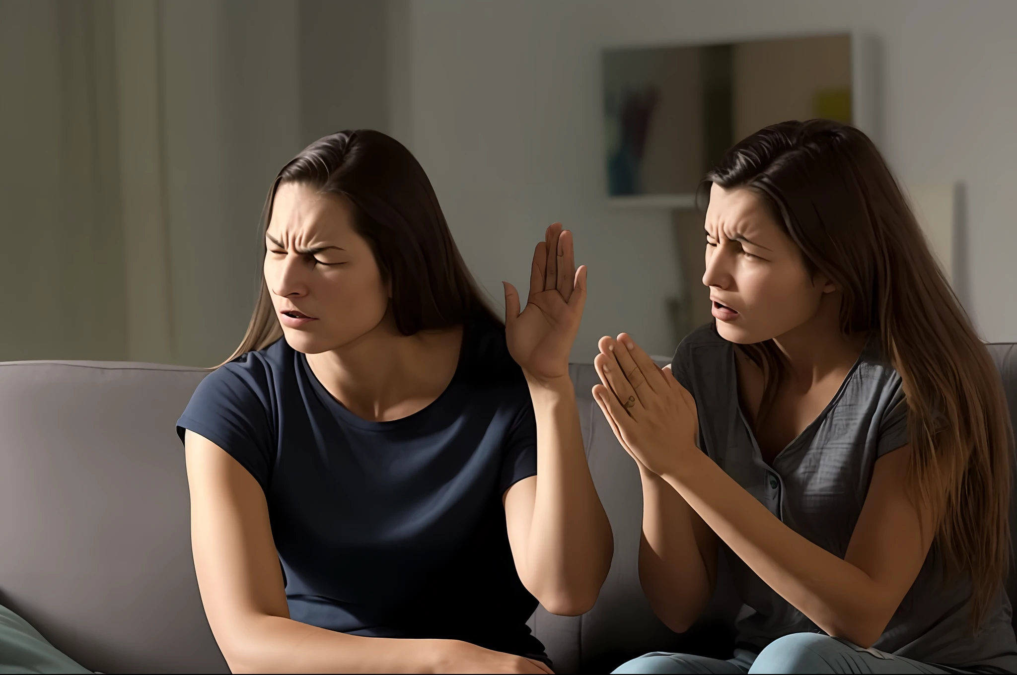 Two women sitting on a couch with their hands in the air, annoying the sisters, angry at the mirror, angry. fear inspiring mood, emotional conflict, they are fighting very angrily, showing anger,