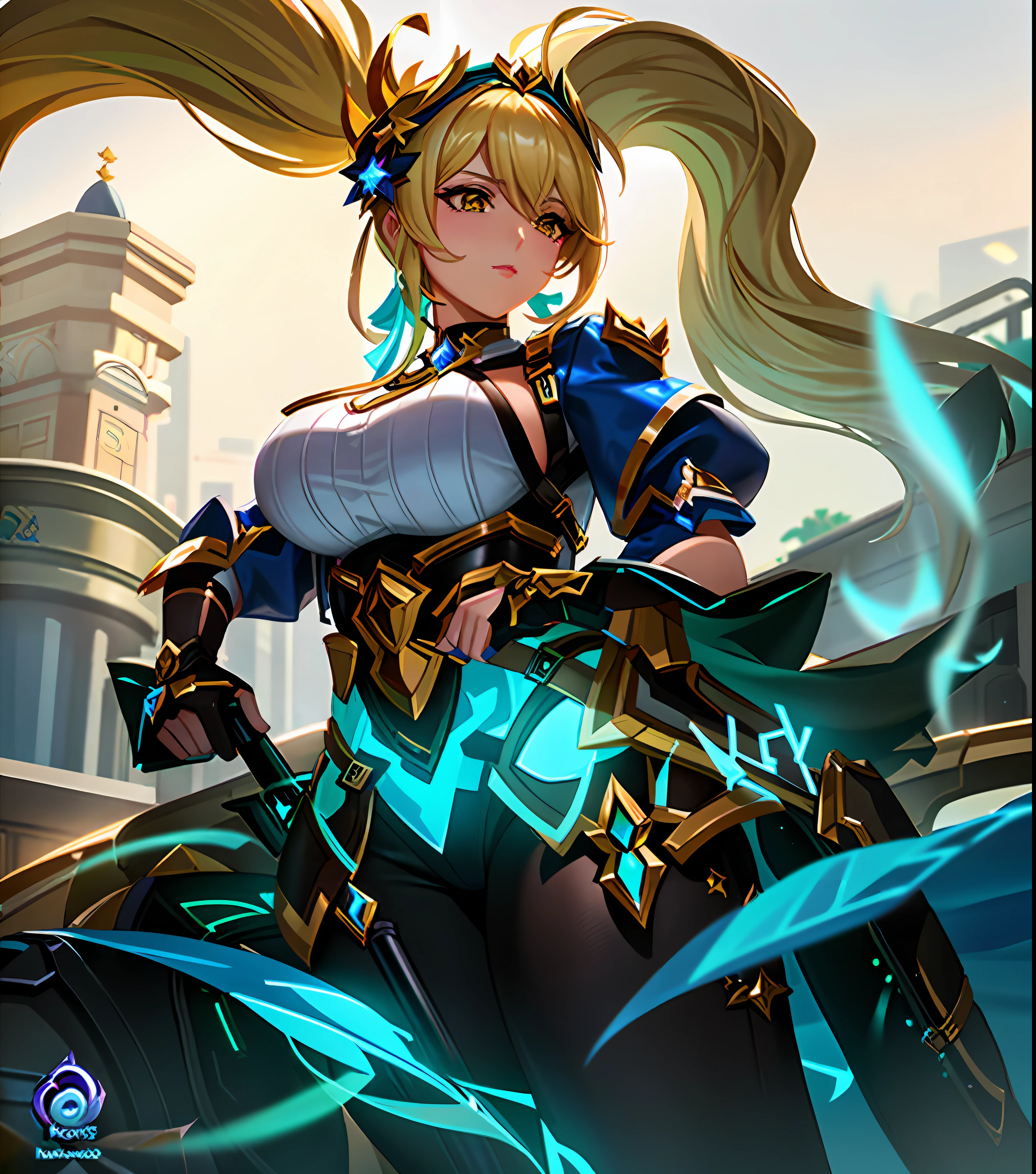 ((Layla from mobile legends: 1.5)),a close up of a woman with a gun in her hand,l,masterpiece, best quality, high quality, complex details , wearing swimming suit, in swimming pool, thicc thighs, huge breasts, ultra details, photorealistic,((2 ponytail: 1.4)), yellow hair, yellow eyes,CG details, super quality, UHD, glow