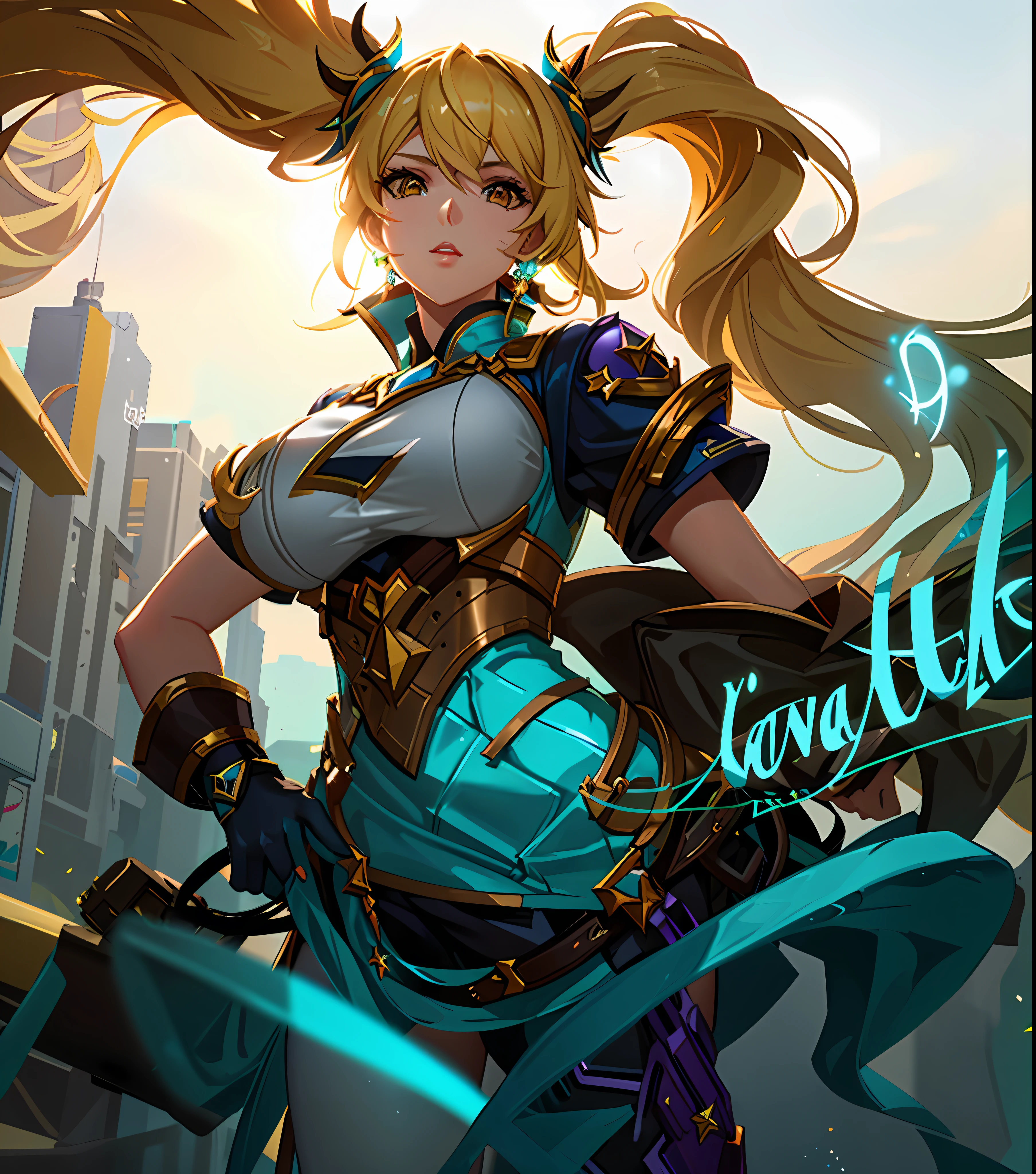 ((Layla from mobile legends: 1.5)),a close up of a woman with a gun in her hand,l,masterpiece, best quality, high quality, complex details , wearing swimming suit, in swimming pool, thicc thighs, huge breasts, ultra details, photorealistic,((2 ponytail: 1.4)), yellow hair, yellow eyes,CG details, super quality, UHD, glow