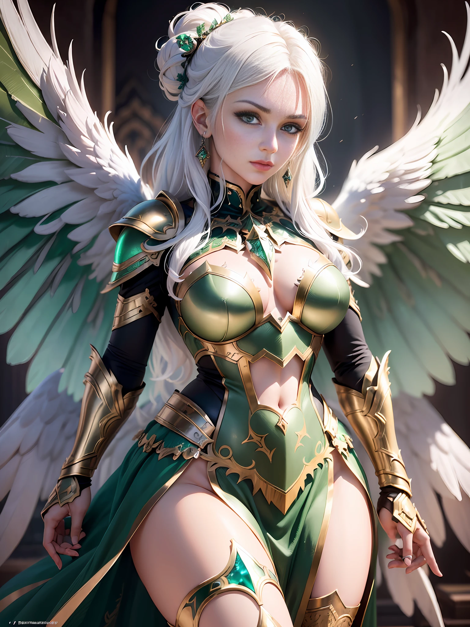 (((Best Quality: 1.4))), (Unparalleled Masterpiece), (Ultra High Definition), (Ultra Realistic 8k CG), (Action Pose: 1.4), (Dark Shot: 1.4), White Hair, Green Eyes, Broken Angel Wings, Bronze Armor, Beautiful Angel Encrusted with Jewels, (Best Quality)), India