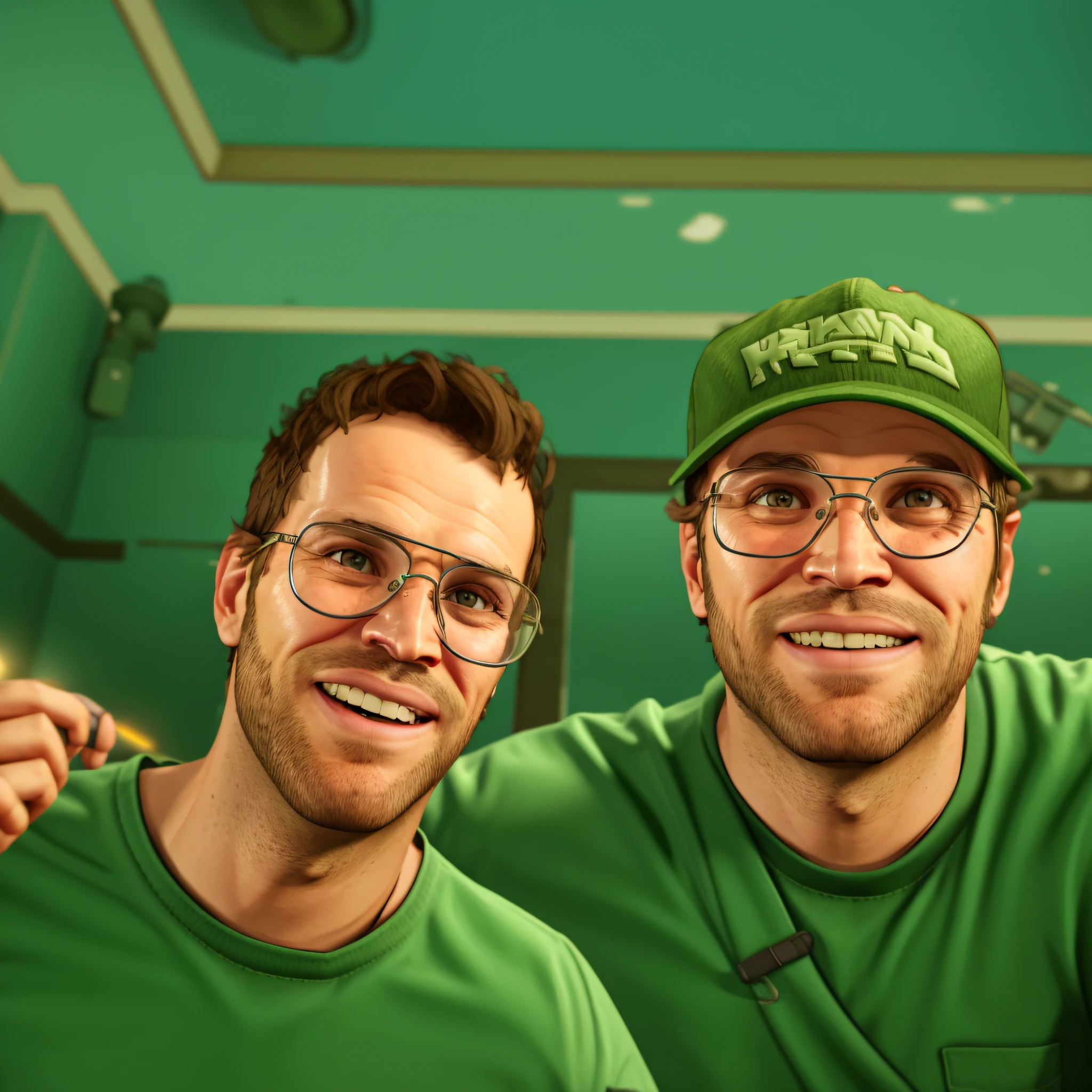 GTA 5 style, left man glasses, well-defined teeth, smile, mouths little open, game style GTA 5