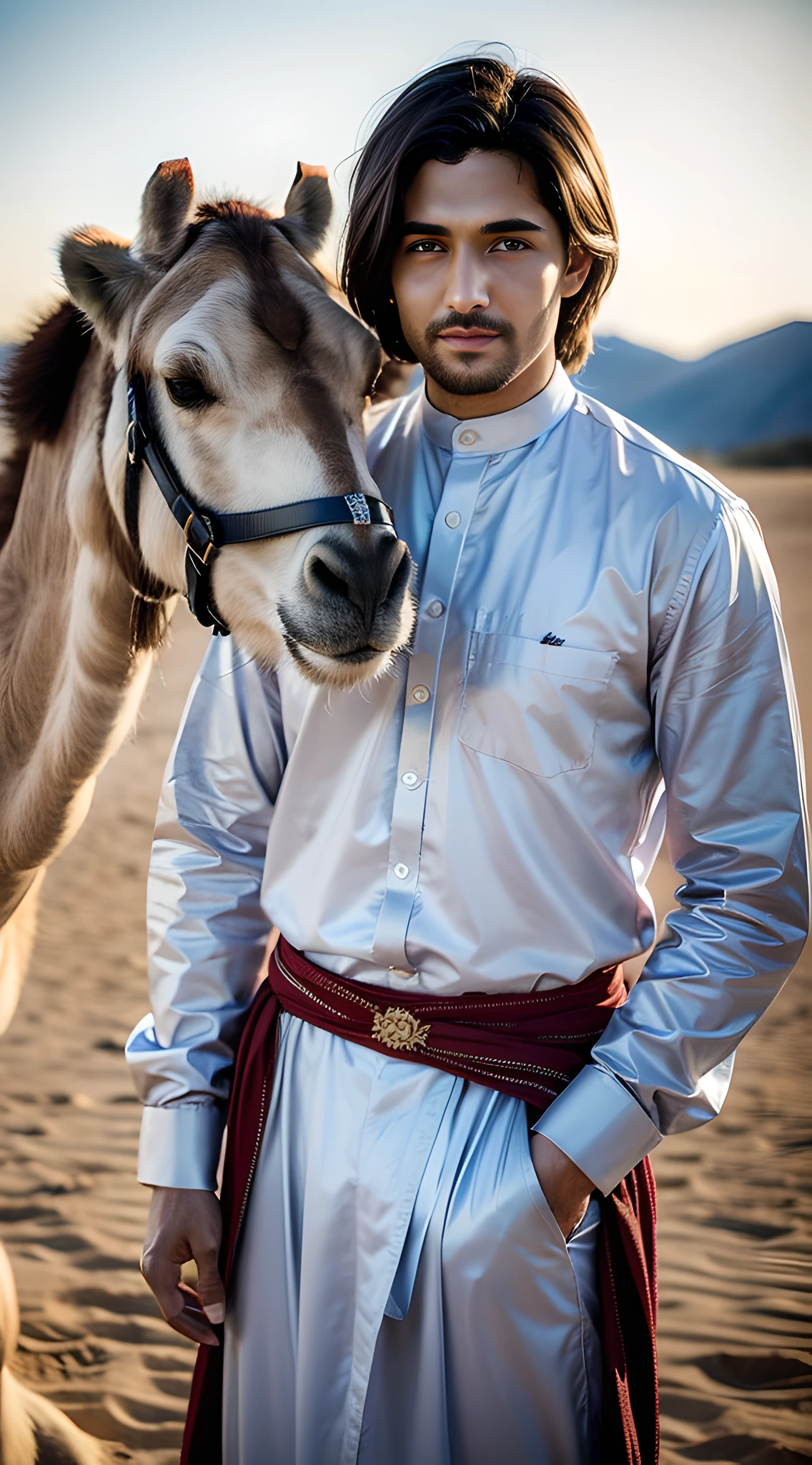 (face only), (man), handsome muscular young boy, teenager, (desert), Hamdan bin Mohammed AI maktoum, Crown Prince of Dubai, (camel), mischievous smile, (high detail: 1 of 1), natural skin, high quality, beautiful eyes, (detailed face and eyes), (face: 1 2), noise, real photo, PSD, sharp focus, High Resolution 8K, Realistic and Professional Photos, 8K UHD, Soft Lighting, High Quality, Film Grain, FUJIFILM XT3