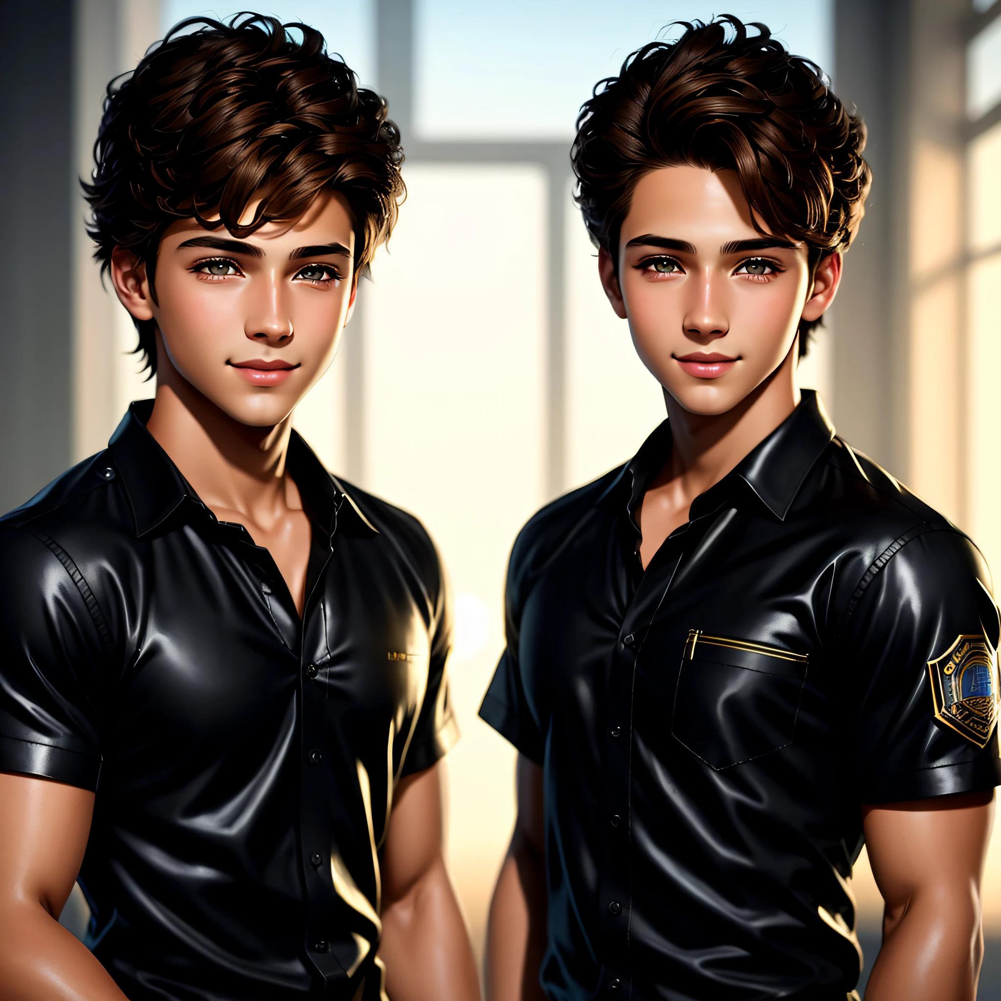 brown eyes, most beautiful smile in the world, passionate look,light brown hair, man in a black BLOUSES posing making a photorealistic boy render, cute model boy, realistic blue 3 d render, deviantart artstation cgscosiety, cute boy model, photorealistic body, beautiful anime man, photorealistic art style, very realistic digital art, photorealistic digital painting, gorgeous digital painting, Extremely handsome boy, strong boy, he's a teenager, he's , he's young, ultra-realistic