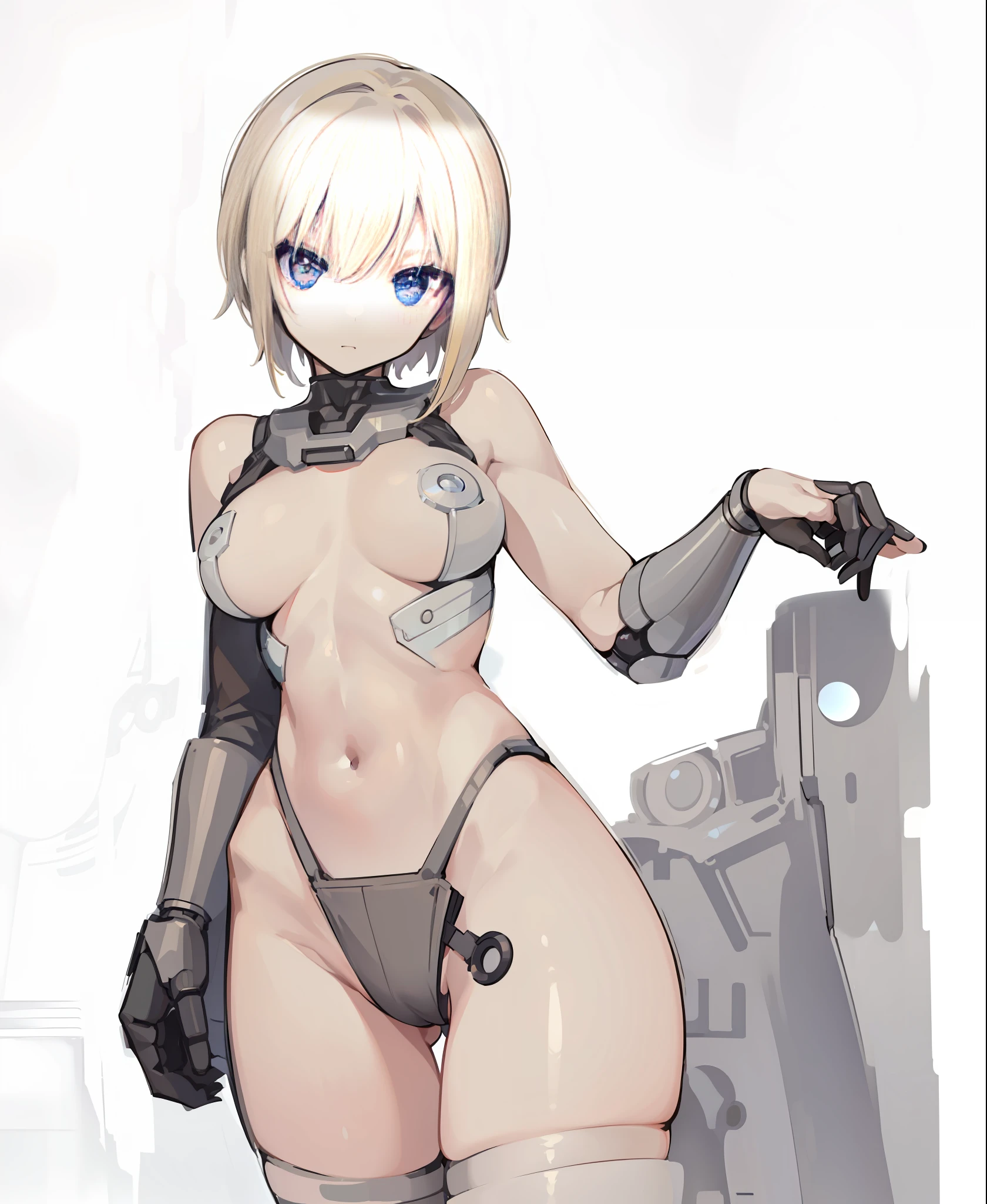1girl, German girl, nsfv body, (masterpiece:1.2), (best quality:1.3), android, robotic, segmented, refined crotch, rubber crotch, naked robot, black colored chest, synthetic artificial breasts, topless, (blush), (aesthetic face), (short hair), (cut hair), (straight hair), (golden hair), (light skin), (delicate features), (endowed chest), (large breasts), (thin waist)