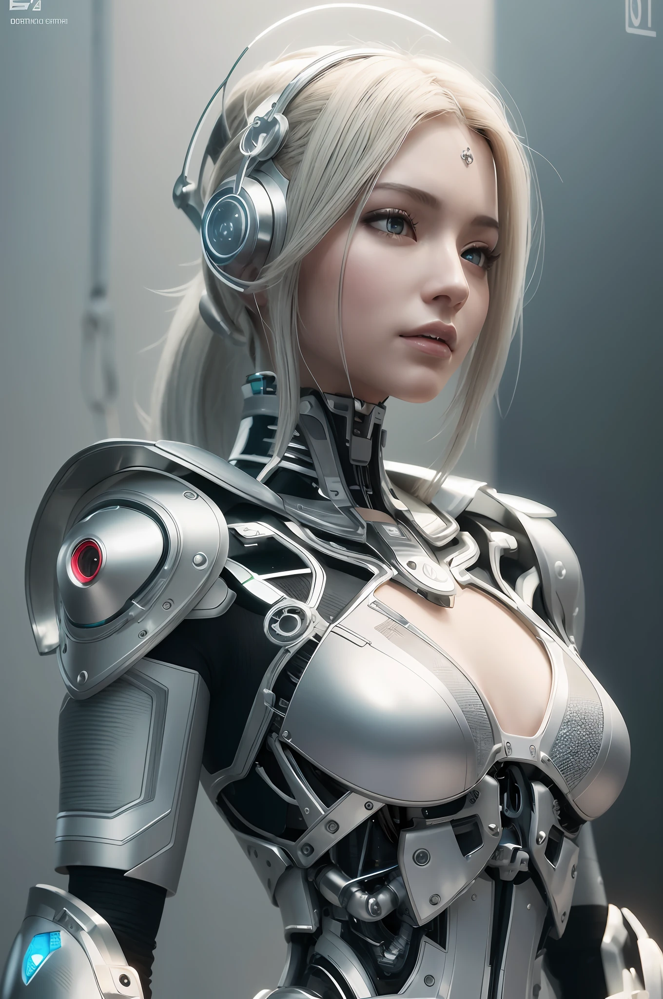 Complex 3d rendering super detail beauty android face, cyborg, robot parts, black metal mesh skin, worn whitewashed steel skin, 150mm lens, beautiful studio light, rim light, vivid details, gorgeous cyberpunk, lace, hyperrealistic, anatomical, facial muscle, cable wire, microchip, Top quality, masterpiece, very delicate and beautiful, very elaborate, CG, unity, wallpaper, (lifelike, photorealistic: 1.37), wonderful, fine, masterpiece, top quality, official art, very elaborate CG Unity wallpaper, robot, full body, standing --auto --s2