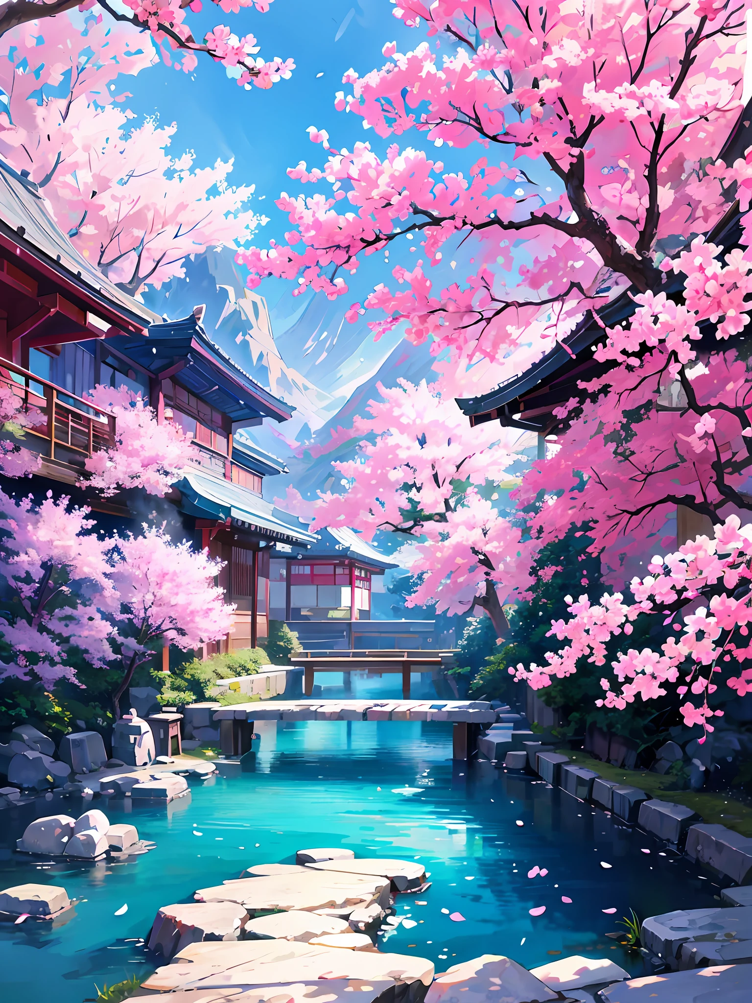 Beautiful shrine landscape, cherry blossoms, pines, anime background art, Japan art style, beautiful anime scene, detailed scenery - width 672, background art, anime landscape, anime background, beautiful anime scenery, beautiful peace scene in anime, landscape artwork, Japan village, anime landscape concept art, 8k))