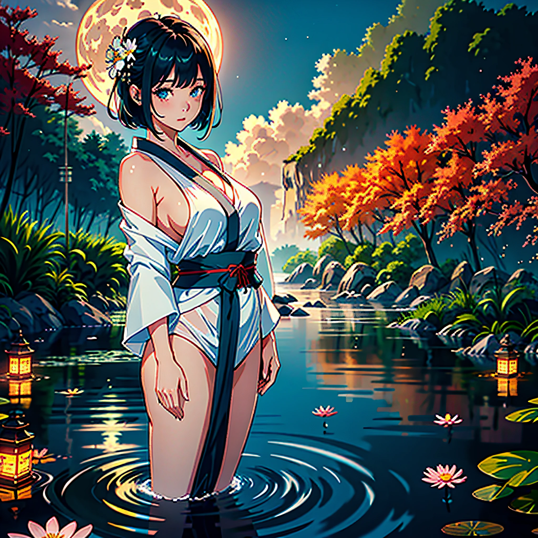 1girl,breasts,moon,lantern,night,solo,largebreasts,hairornament,wet,kimono,japaneseclothes,wading,water,hairflower,flower,outdoors,sky,fullmoon,rain,blackhair,offshoulder,mountain,cloud,holding,sash,bareshoulders,paperlantern,standing,whitekimono,nightsky,sideboob,obi,wetclothes,bangs,tree,fromside,reflection,shorthair,cloudysky,wethair{{(masterpiece),(extremelydetailedCGunity8kwallpaper),bestquality,,solo,1girl,cinematiclighting,detailedbackground,beautifuldetailedeyes,brightpupils,(anextremelydelicateandbeautiful),(Beautifulanddetailedeyedescription),ultra-detailed,masterpiece,}},