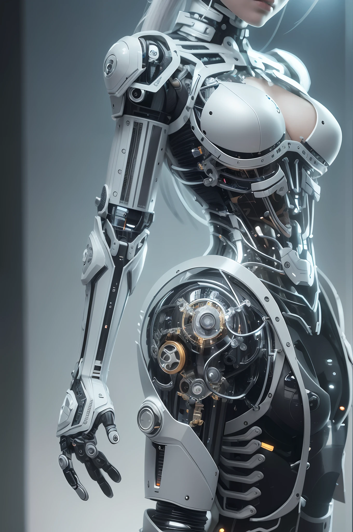 Complex 3d rendering super detail beauty android face, cyborg, robot parts, black metal mesh skin, worn whitewashed steel skin, 150mm lens, beautiful studio light, rim light, vivid details, gorgeous cyberpunk, lace, hyperrealistic, anatomical, facial muscle, cable wire, microchip, Top quality, masterpiece, very delicate and beautiful, very elaborate, CG, unity, wallpaper, (lifelike, photorealistic: 1.37), wonderful, fine, masterpiece, top quality, official art, very elaborate CG Unity wallpaper, robot, full body, standing --auto --s2