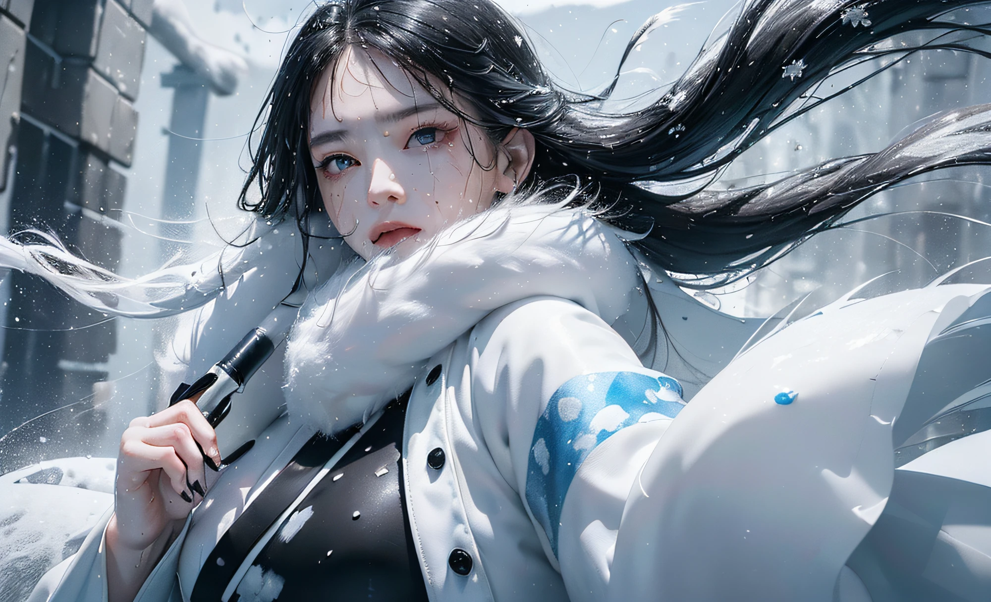 ((Snow Spirit)), ((Full Shot)), (((Intense snow and wind blow the spirit's body)), Snow Spirit has a pure white and beautiful face, looks lonely, wears (((White kimono)), skin is translucent white, (((hair is long and black)), eyes shine blue, (((Strong wind violently shakes the spirit's long black hair))), In the darkness only the snow spirit is illuminated and fantastic, photorealistic, Watercolor, wet-on-wet or splatter technique, perfect composition, abstract, surrealism, masterpiece, highest quality, ultra detail, HDR, 8K
