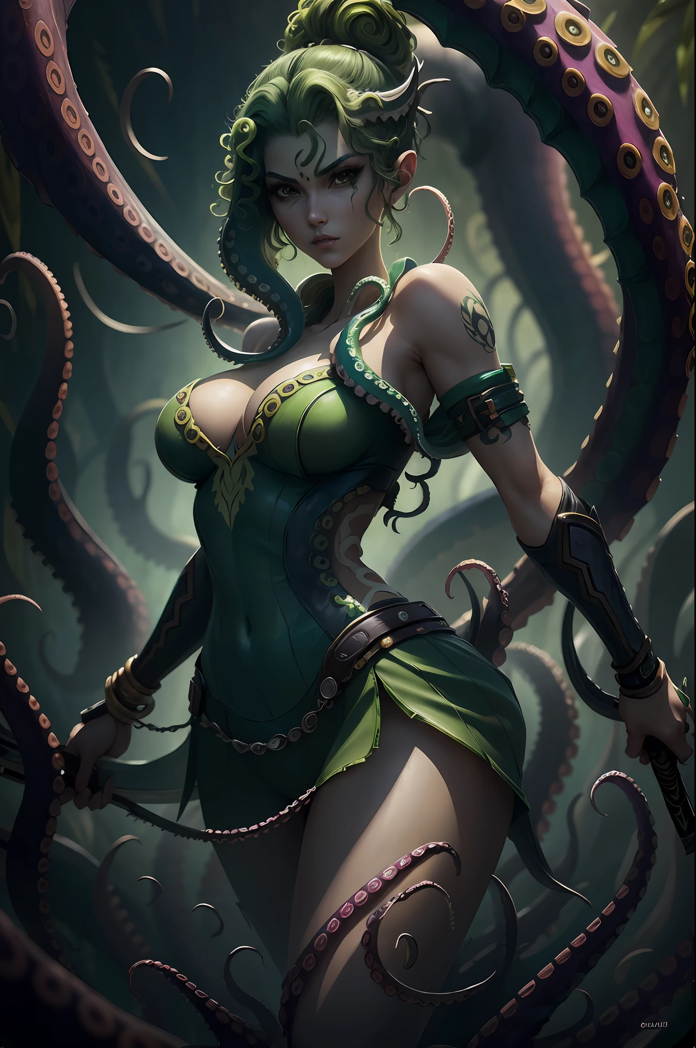 tanjoreai ((best quality)), ((masterpiece)), (detailed), woman with green hair, holding a sword, (Artgerm inspired:1.2), (pixiv contest winner:1.1), (octopus goddess:1.3), (Berserk art style:1.2), close-up portrait, goddess skull, (Senna from League of Legends:1.1), (Tatsumaki with green curly hair:1.2), card game illustration, thick brush, HD anime wallpaper, (Akali from League of Legends:1.1), 8k resolution