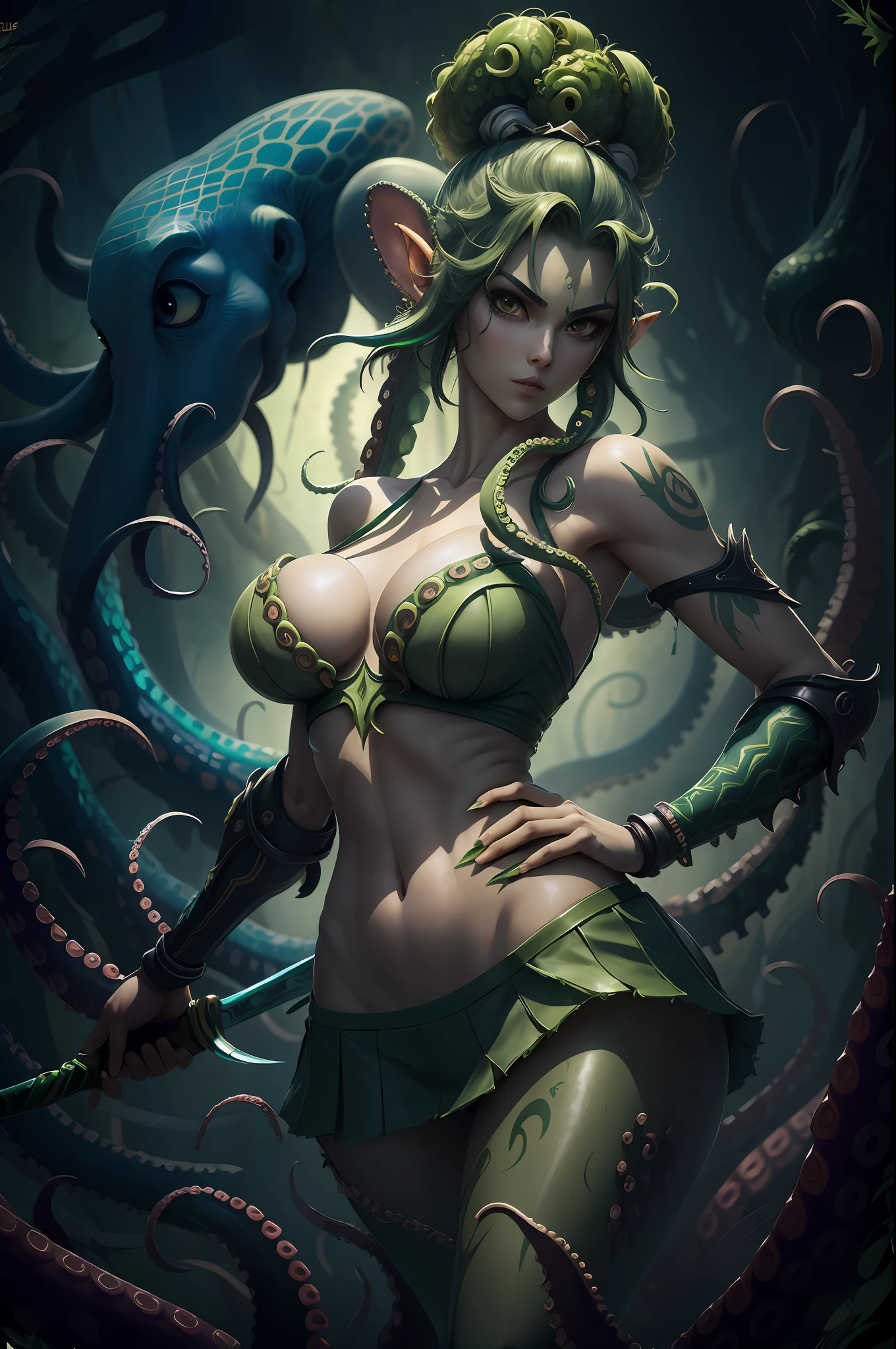 tanjoreai ((best quality)), ((masterpiece)), (detailed), woman with green hair, holding a sword, (Artgerm inspired:1.2), (pixiv contest winner:1.1), (octopus goddess:1.3), (Berserk art style:1.2), close-up portrait, goddess skull, (Senna from League of Legends:1.1), (Tatsumaki with green curly hair:1.2), card game illustration, thick brush, HD anime wallpaper, (Akali from League of Legends:1.1), 8k resolution