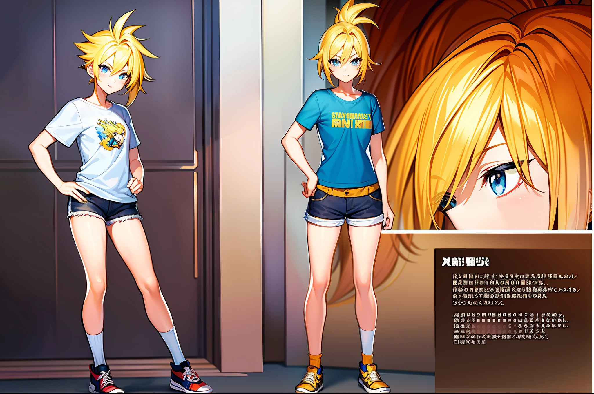 masterpiece,(best quality),(1girl) ,Girl,with spiky yellow hair,short, ???????????? ,blue eyes ,casual t-shirt, wearing shorts ,Fullbody, Goku style hair, Goku hair, socks,shoes((Character concept art))