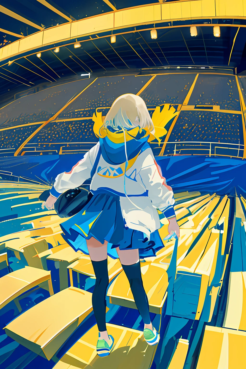 Make a whale jumping inside a stadium with cheering in the background