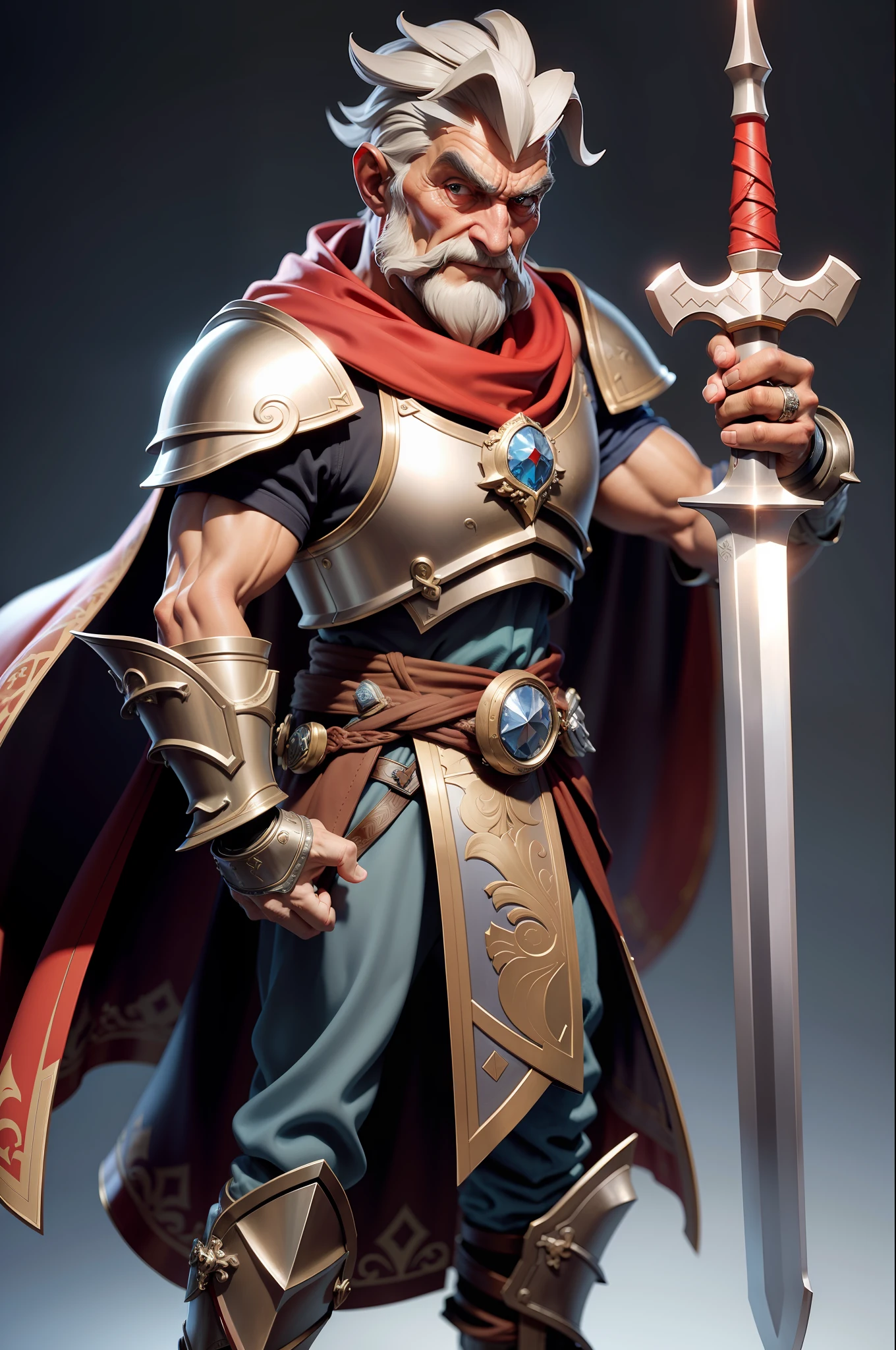 3DMM style, (masterpiece, best quality), intricate details, 1 old man, wearing silver armor, without helmet, red cape, holding a sword in his hand