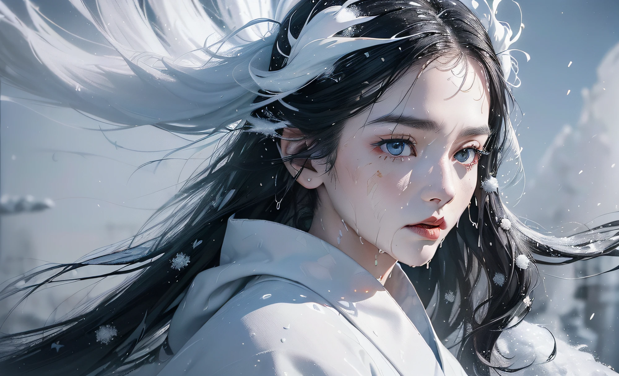 ((Snow Spirit)), ((Full Shot)), (((Intense snow and wind blow the spirit's body)), Snow Spirit has a pure white and beautiful face, looks lonely, wears (((White kimono)), skin is translucent white, (((hair is long and black)), eyes shine blue, (((Strong wind violently shakes the spirit's long black hair))), In the darkness only the snow spirit is illuminated and fantastic, photorealistic, Watercolor, wet-on-wet or splatter technique, perfect composition, abstract, surrealism, masterpiece, highest quality, ultra detail, HDR, 8K