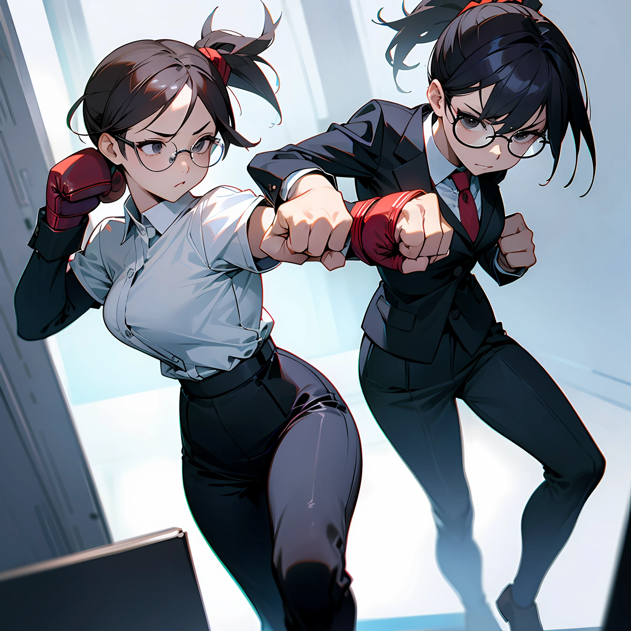 Office Lady, suit, offices, Separate legs (boxing), aggressive fists, sharp look, completely black eyes, Glasses, Ponytail