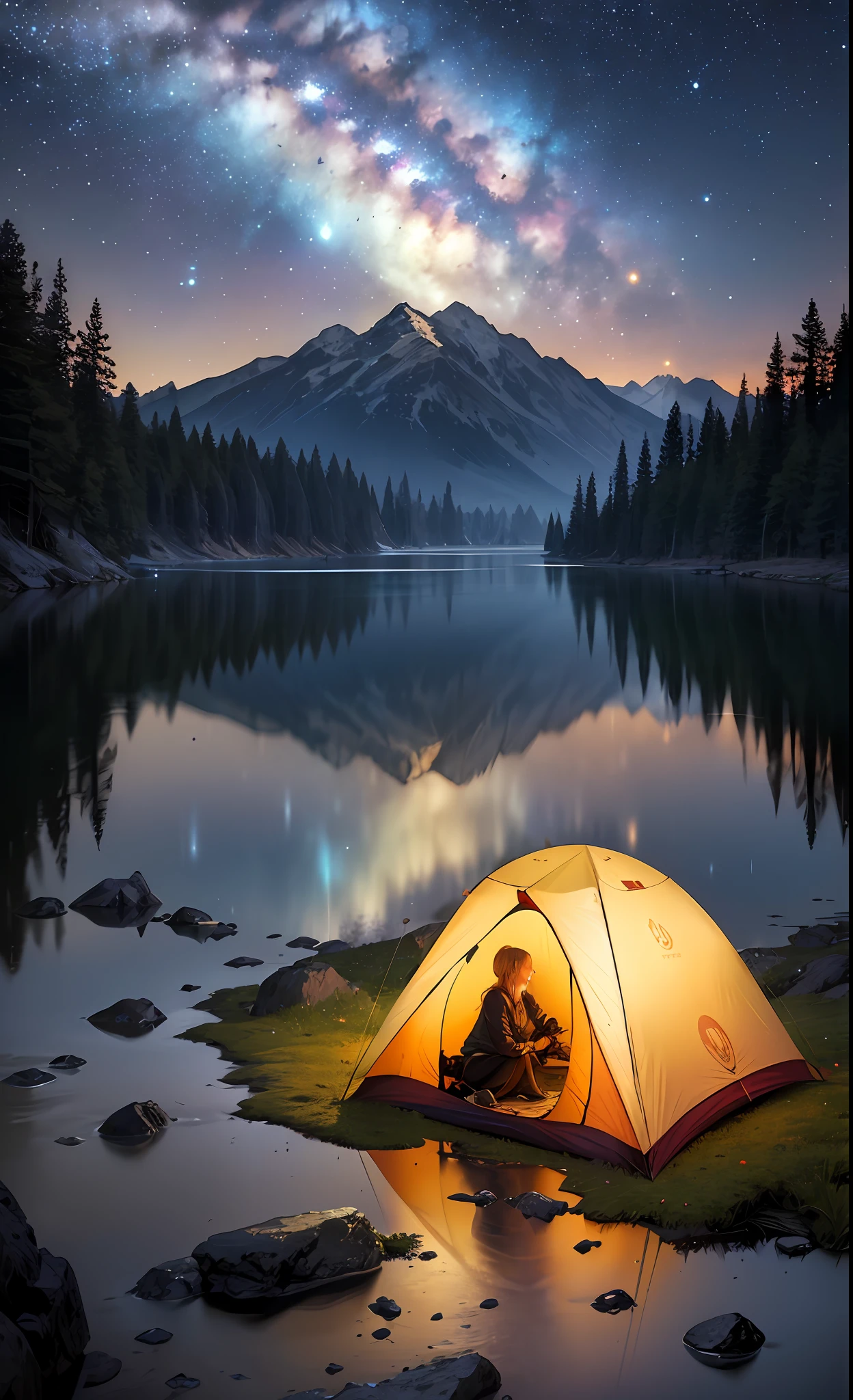 Masterpiece, Best Quality, Ultra Detailed, Illustration, 2girls, Passionate, Affectionate, Couple, Outdoor, Camping, Night, Mountains, Nature, Stars, Moon, Bonfire, Tent, Double Ponytail, Green Eyes, Backpack, Sleeping Bag, Camping Stove, Water Bottle, Hiking Boots, Gloves, Sweater, Hat, Flashlight, Forest, Rock, River, Wood, Smoke, Shadow, Contrast, Clear Sky, Constellation, Milky Way, Peace, Calm, Quiet, Serenity, Distant, Secluded, Adventure, Exploration, avoidance, independence, survival, resourcefulness, challenge, perseverance, endurance, endurance, observation, intuition, adaptability, creativity, imagination, artistry, inspiration, beauty, awe, wonder, gratitude, appreciation, relaxation, enjoyment, rejuvenation, mindfulness, awareness, connection, harmony, balance, texture, detail, realism, depth, perspective, composition, color, light, shadow, reflection, refraction, hue, contrast, foreground, middle ground, background, naturalism, figurative, Figurative, impressionist, expressionist, abstract, innovative, experimental, unique