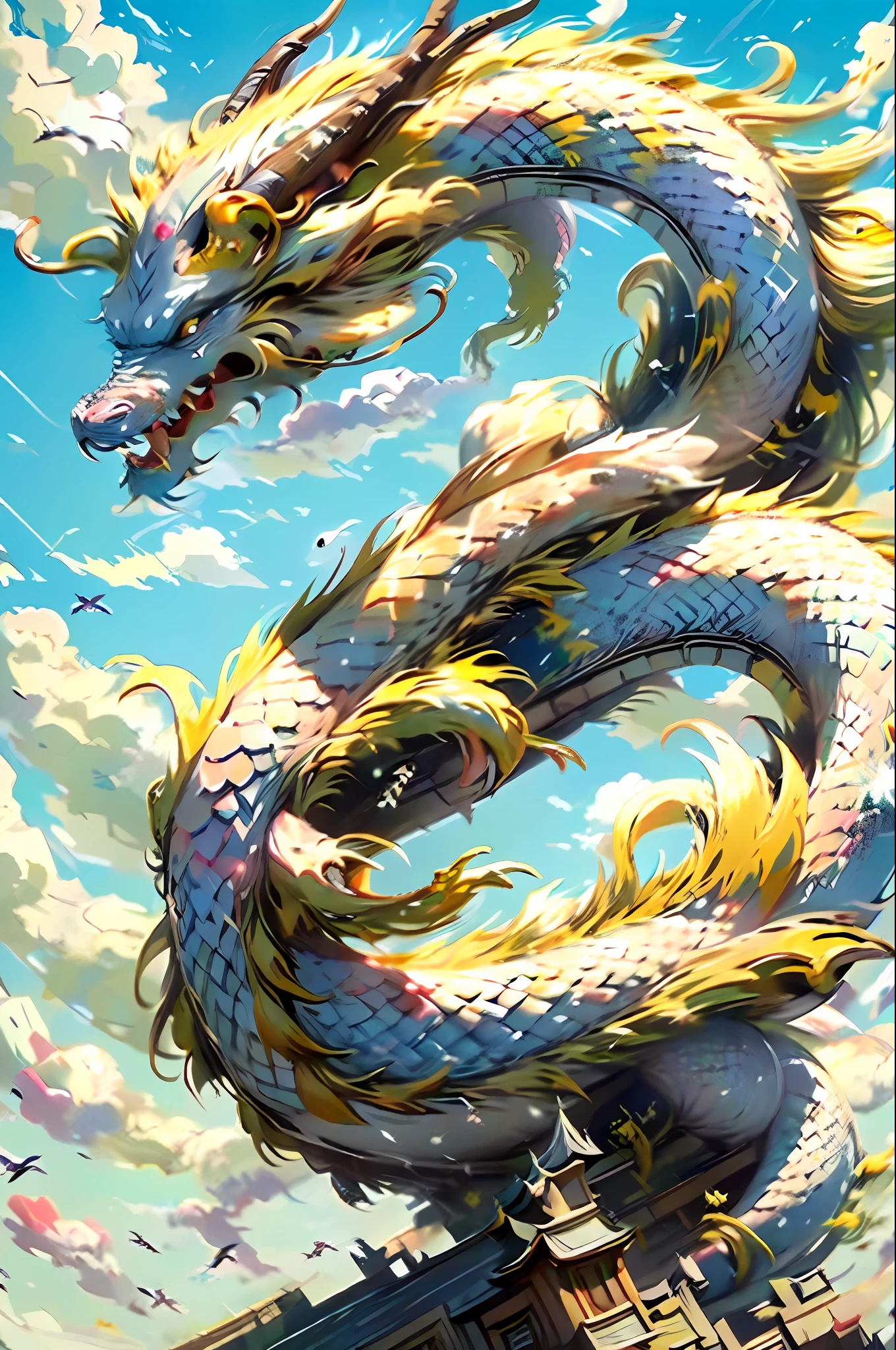 Best quality,masterpiece,ultra high res,nu no humans, (long:1.2),sky, yellow eyes, cloud, scales, eastern dragon, open mouth, sharp teeth, flying, horns, teeth, day, claws, fangs, blue sky