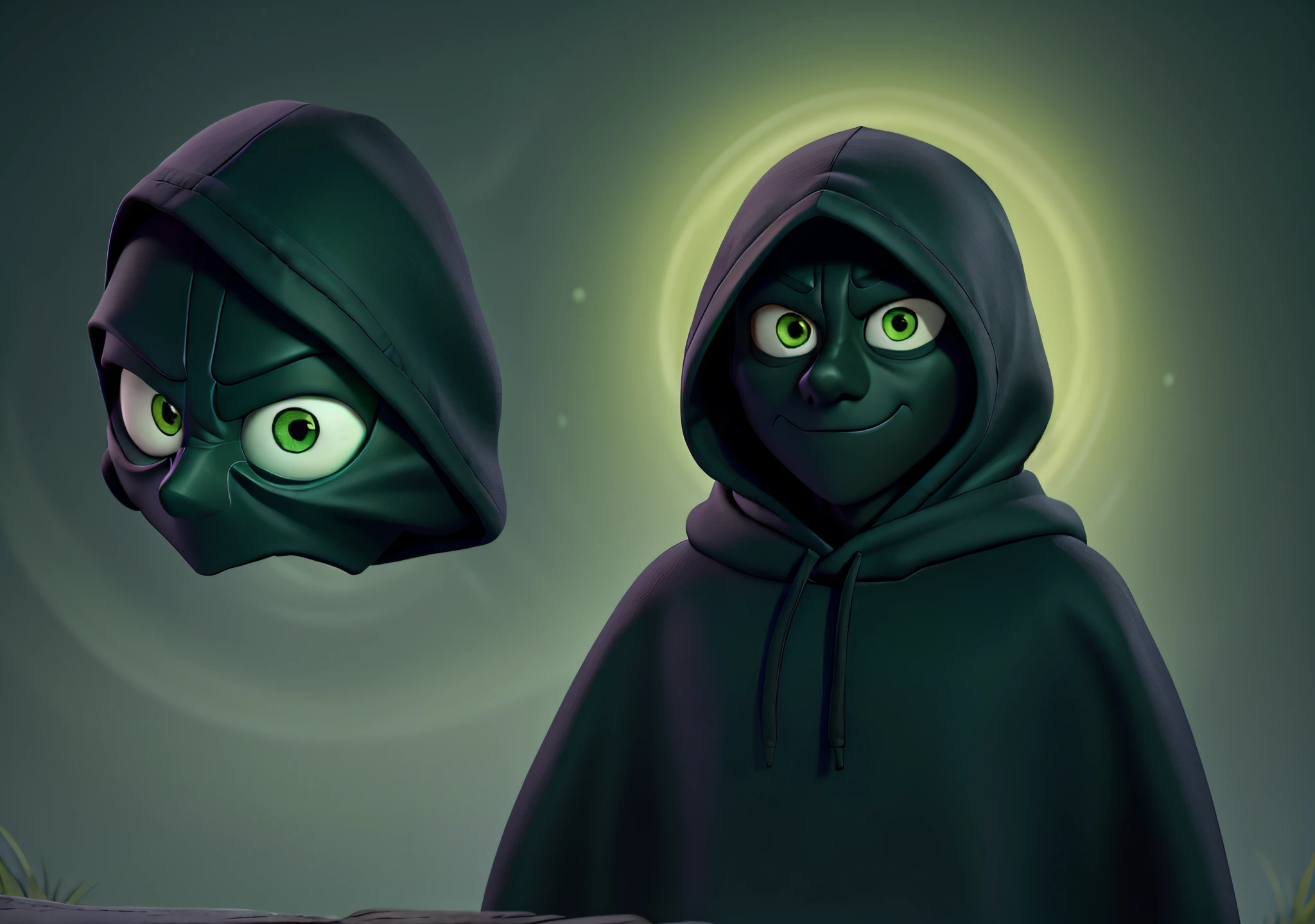 create a character, that character is fear, "Fear is a shadowy figure, dressed in a dark cloak and a hood that covers his face. His eyes glow with a frightening green light, and he seems to always be lurking around you." Fear is walking behind a young man