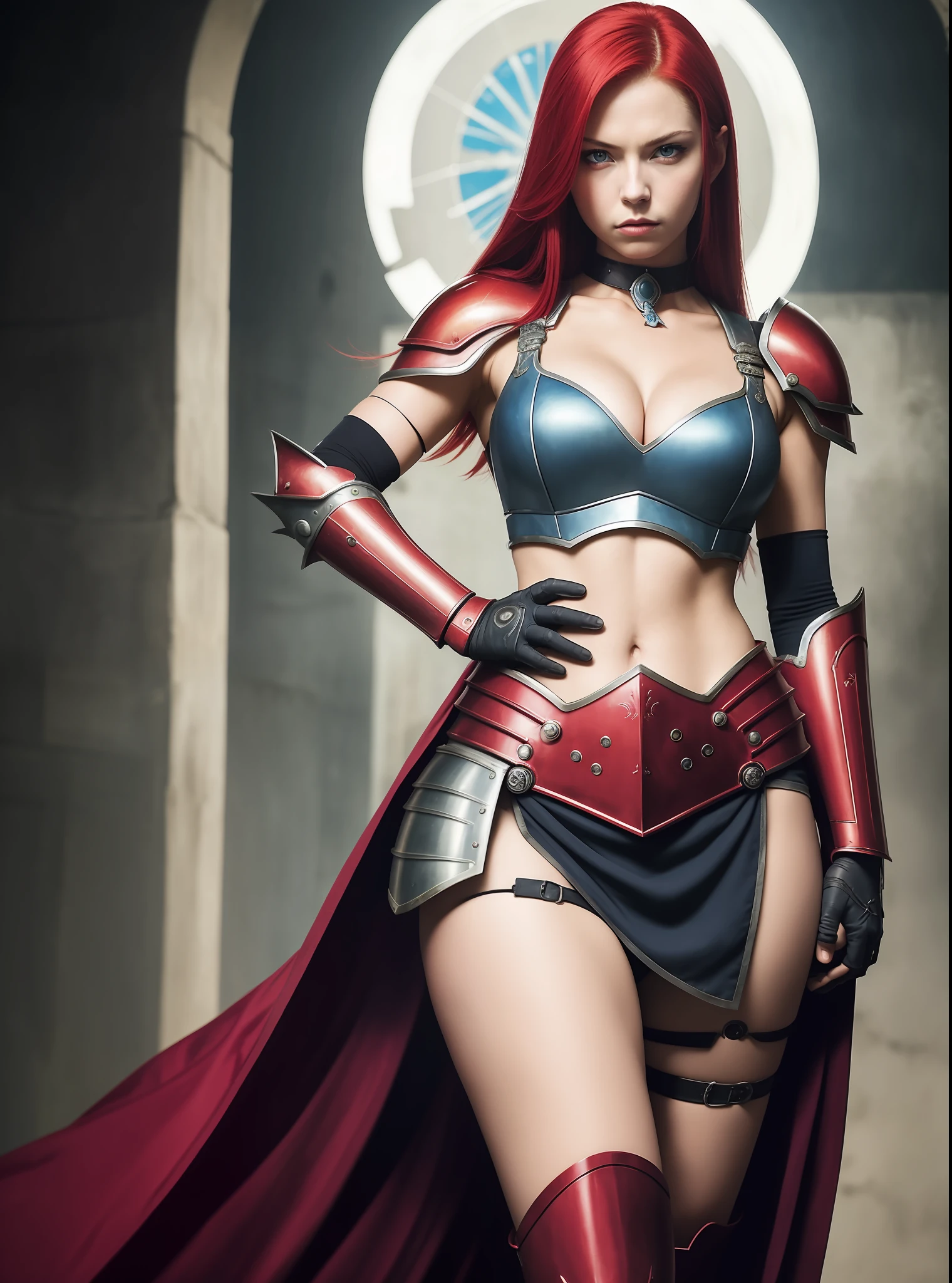 (masterpiece, best quality:1.2), cowboy shot, solo, 1girl, erza scarlet, serious, closed mouth, looking at viewer, hand on hip, heavenswheel, armor, pauldrons, shoulder armor, skirt, gauntlets, choker, wings, cleavage