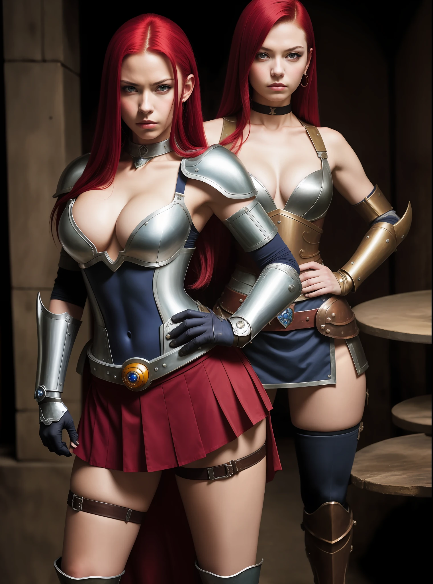 (masterpiece, best quality:1.2), cowboy shot, solo, 1girl, erza scarlet, serious, closed mouth, looking at viewer, hand on hip, heavenswheel, armor, pauldrons, shoulder armor, skirt, gauntlets, choker, wings, cleavage