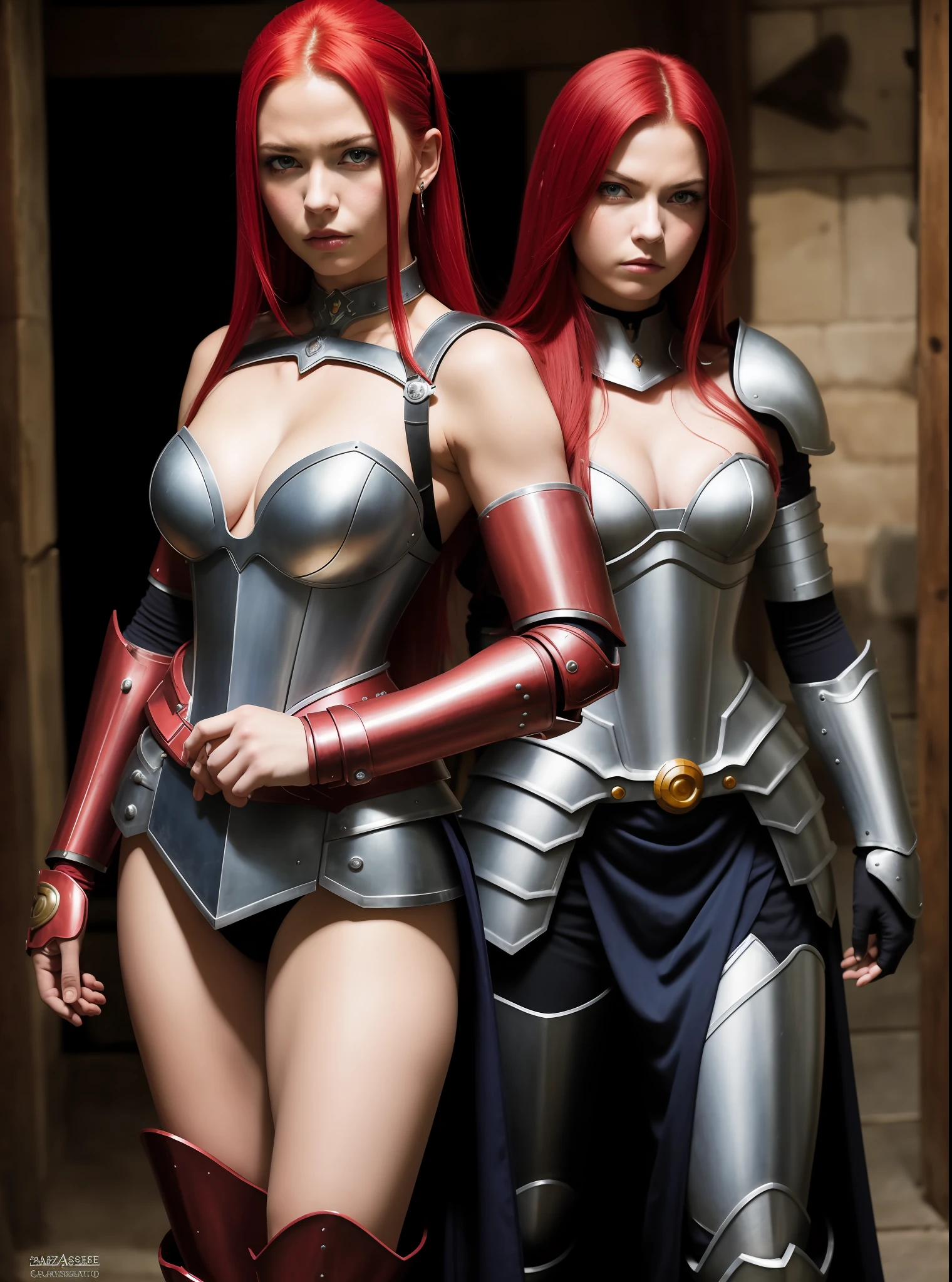 (masterpiece, best quality:1.2), cowboy shot, solo, 1girl, erza scarlet, serious, closed mouth, looking at viewer, hand on hip, heavenswheel, armor, pauldrons, shoulder armor, skirt, gauntlets, choker, wings, cleavage