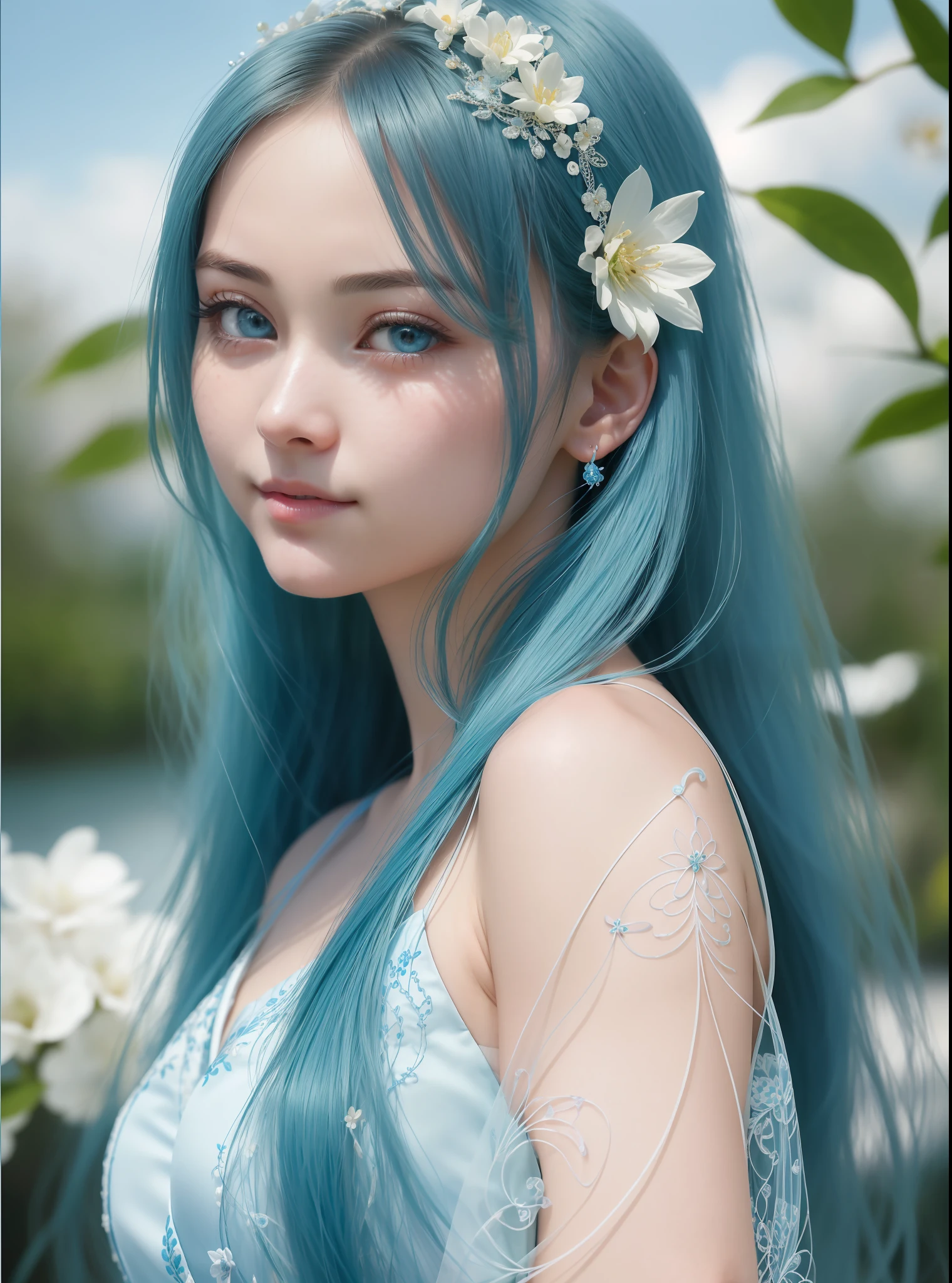 ultra realistic 8k cg, (((ultra detailed background, delicate pattern, intricate detail, highly detailed, fine details))), best quality, (photorealistic:1.4),beautiful lighting, absurdres, RAW photo, film grain, ((medium breasts, slim girl)), KozukiHiyori, 1girl, solo, hair ornament, closed mouth, hair flower, japanese clothes, makeup, kimono, lipstick, aqua hair, blue eyes, long hair, hair stick, smile, kanzashi, ((complex detailed background, blue sky, nature environment, close-up, portrait, clear face)),