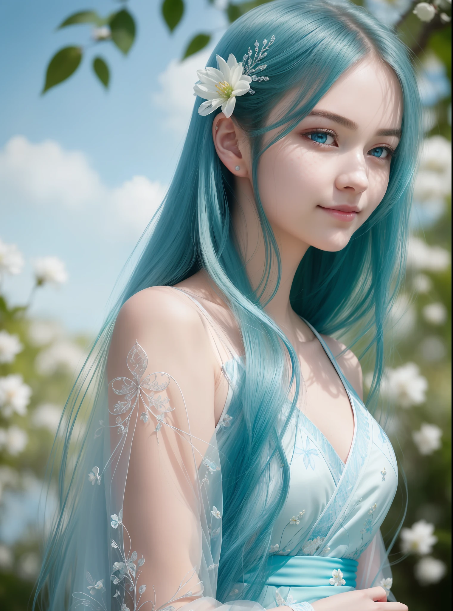 ultra realistic 8k cg, (((ultra detailed background, delicate pattern, intricate detail, highly detailed, fine details))), best quality, (photorealistic:1.4),beautiful lighting, absurdres, RAW photo, film grain, ((medium breasts, slim girl)), KozukiHiyori, 1girl, solo, hair ornament, closed mouth, hair flower, japanese clothes, makeup, kimono, lipstick, aqua hair, blue eyes, long hair, hair stick, smile, kanzashi, ((complex detailed background, blue sky, nature environment, close-up, portrait, clear face)),