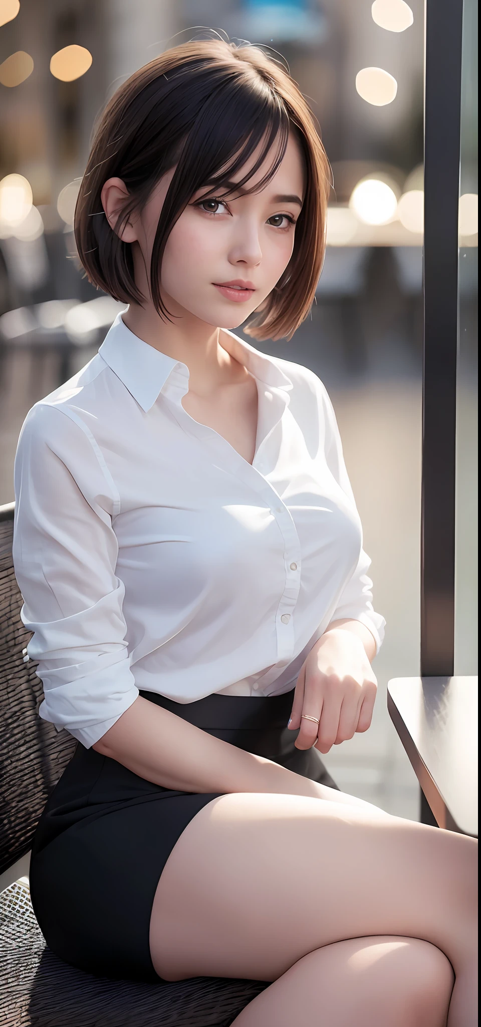 (8k, best quality, masterpiece:1.2), (realistic, photo-realistic:1.37), ultra-detailed, 1 girl, cute, solo, beautiful detailed sky, detailed cafe, night, sitting, dating, (nose blush), (smile:1.15), (closed mouth) small breasts, beautiful detailed eyes, (collared shirt:1.1), night, wet, business attire, rain, white lace, (short hair:1.2), floating hair NovaFrogStyle, topless,