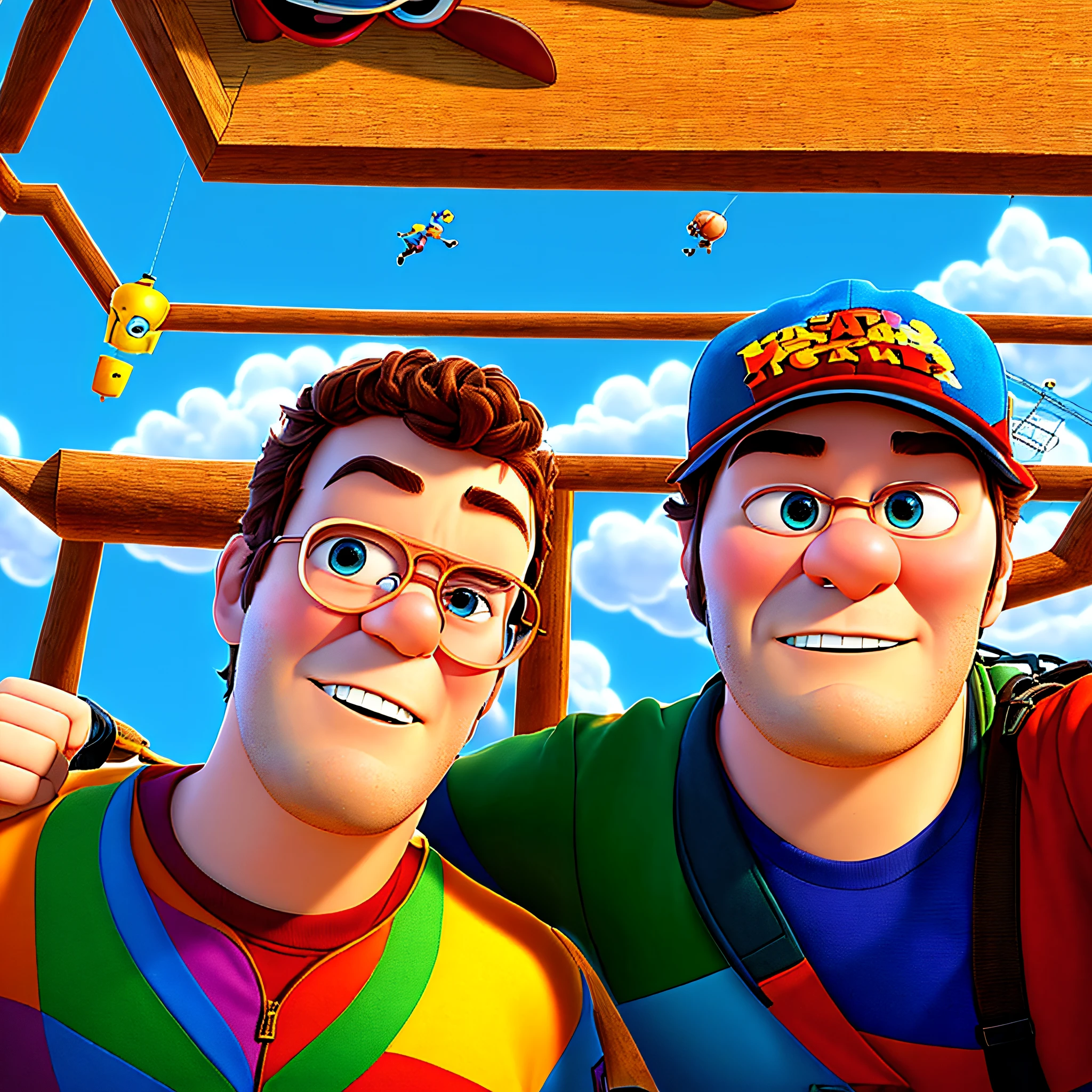 Characteristic of Pixar's productions, "Up: High Adventures", the drawing style is quite colorful and detailed. The characters and scenarios are rendered with great precision and realism, using advanced techniques of 3D modeling and lighting, combining realistic elements with a touch of fantasy, especially in the representation of the character, characters have expressive physical characteristics and cartoonists
