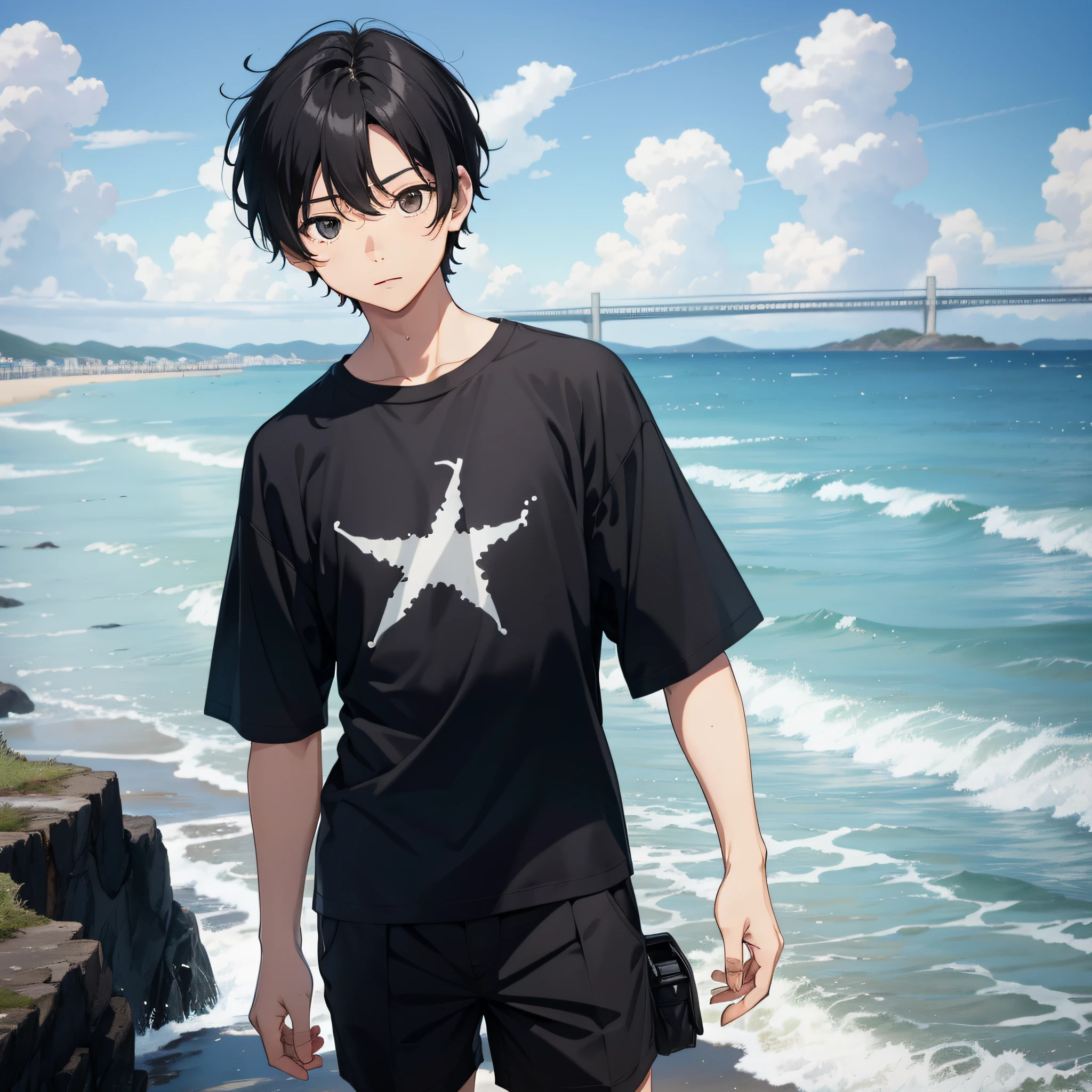 1 boy, black hair, black eyes, white short sleeves, seaside