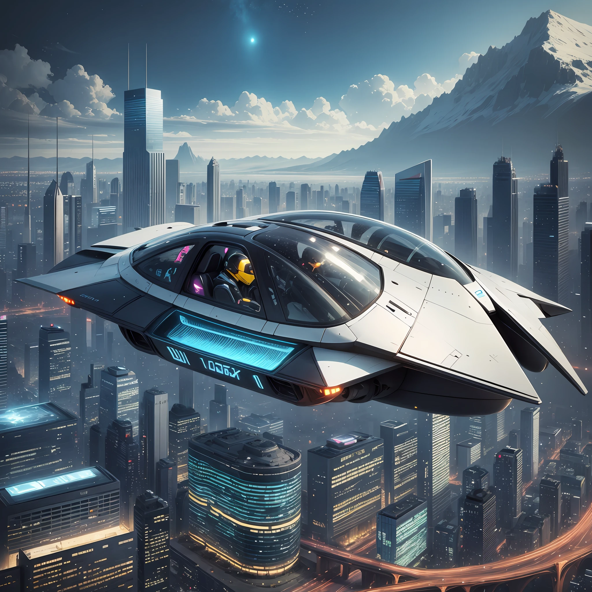Futuristic flying car, in the sky, below you can see the futuristic city --auto --s2