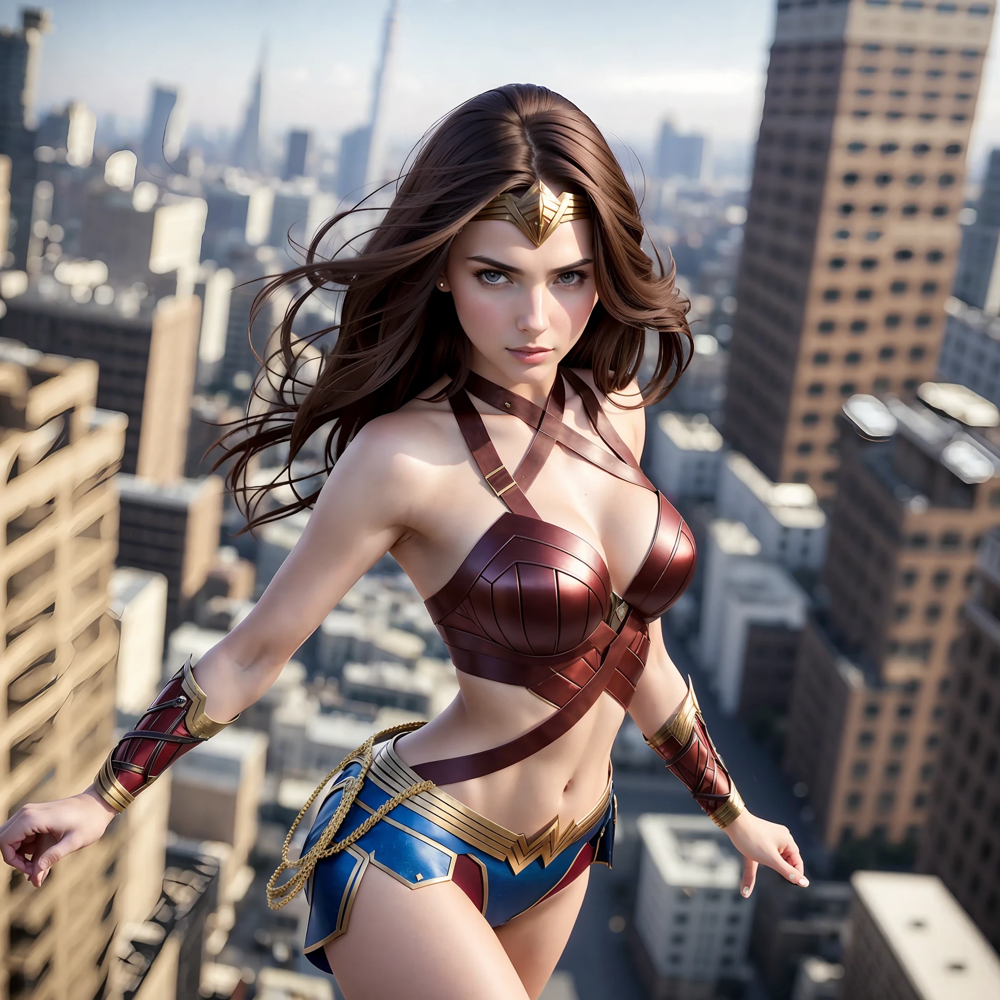 Young brunette woman, very beautiful, (bandage: 1.3), (bdsm: 1.1), beautiful body, beautiful breasts, shorts, burgundy hair, red and blue Wonder Woman cosplay, detailed face, cinematography, maximum details, hdr, soft cinematic light, insane details, intricate details, hyperdetailed, masterpiece, 8k, wallpaper (detailed), high quality, ((very detailed skin, skin details)), sharp focus,  8K UHD, DSLR, film grain, beautiful slim legs, slim waist, ((thin)), she jumps from the top of a building