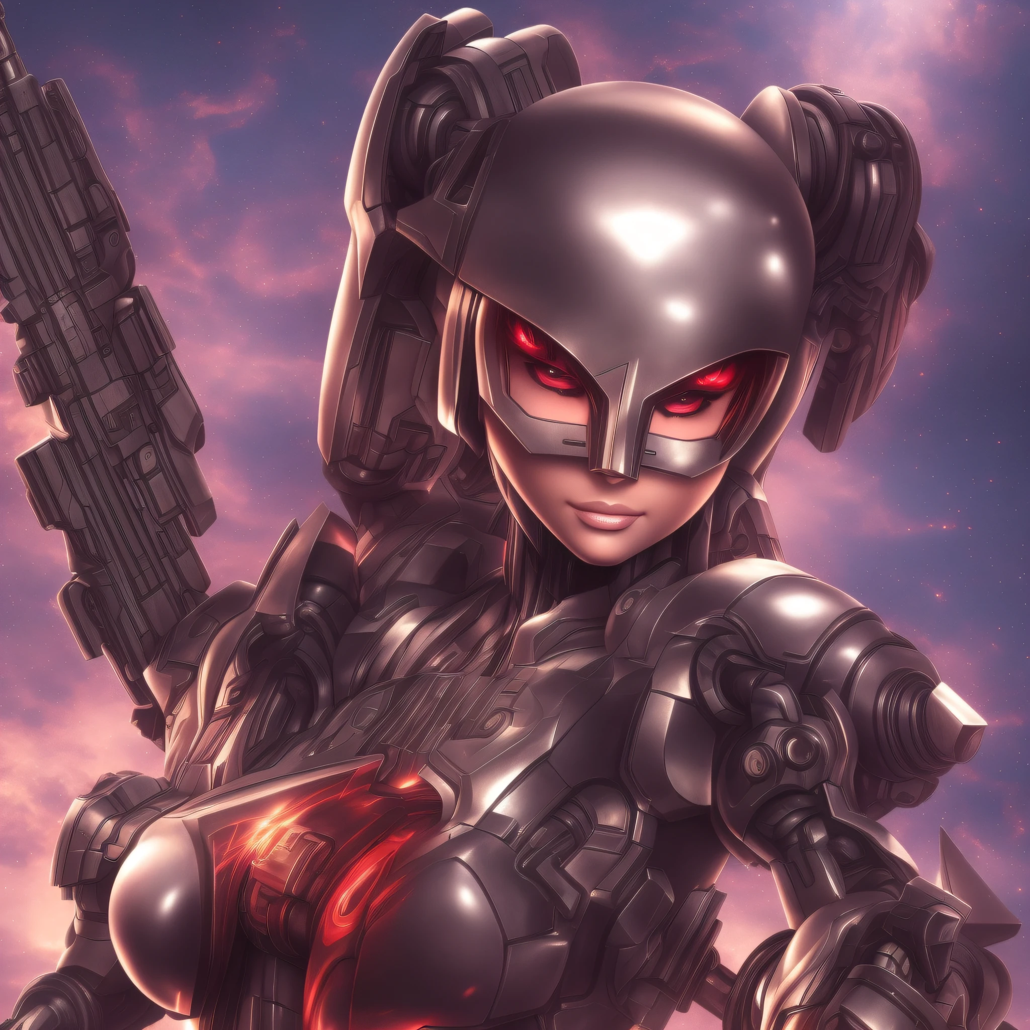 1girl, best quality, very detailed, super detailed, masterpiece, 8k wallpaper, black theme, red eyes, bad anatomy, absurd, high resolution, super fine illustration, absurd, solo, game cg, lord, at night, (blacklight:1 ), (detailed beautiful face and eyes:1), command spell, mecha musume, mask, mechanical parts, robot joints, fully armed, upper body, big breasts, --auto --s2