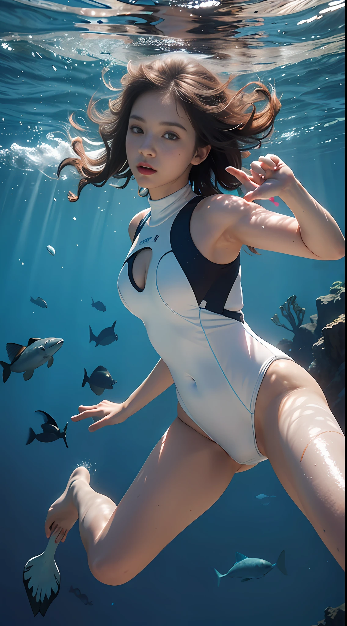 Solo, Deep Sea, Coral Reef, Dive, White Wetsuit, Flippers, Weightlessness, ((Best Quality, 8k, Masterpiece: 1.3)), One Woman, Long Hair, Underwater Photography, Underwater Perspective, Underwater Perspective, Underwater Floating, Breaststroke, Cleavage, Sleeveless, Crawl