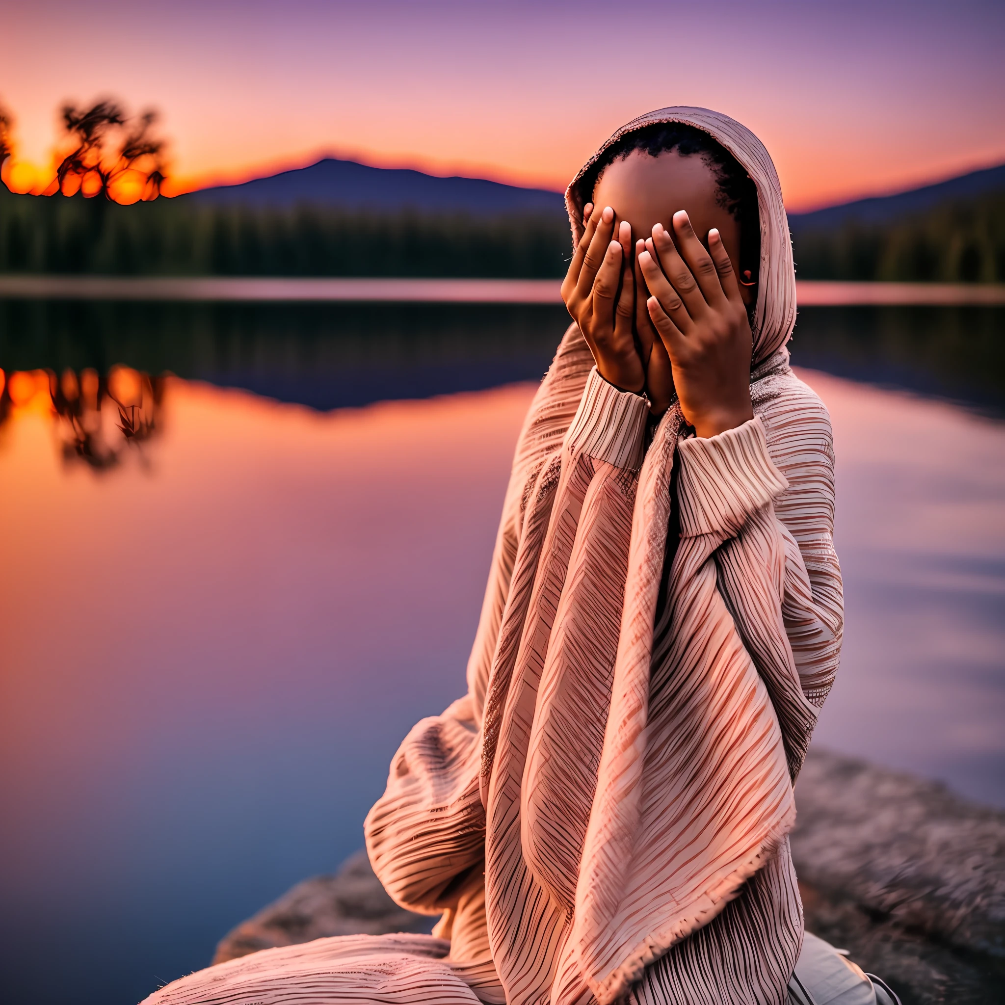 Jusus Cristde hands in prayer position sitting on the side of a beautiful lake reflecting the sunset