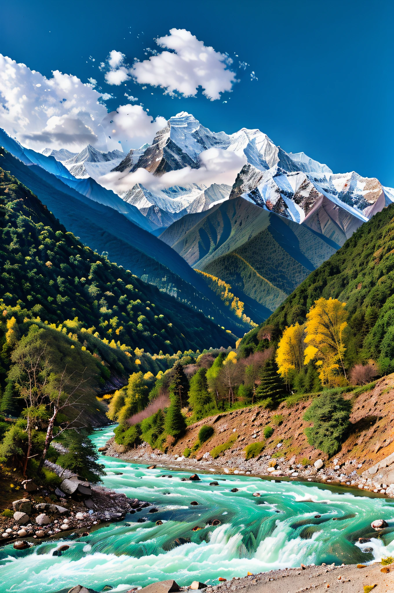 HD photography photos, mountains and rivers in the middle of forest filled valleys, breathtaking Himalayan landscape, mountain rivers trees, Himalayas, mountains and rivers, Sichuan, Rocky mountains and rivers, majestic nature, Uttarakhand, snowy mountains, beautiful mountains behind, river landscapes, mountain environment, mountainous areas, Bhutan, mountain peaks, dense forests in valleys