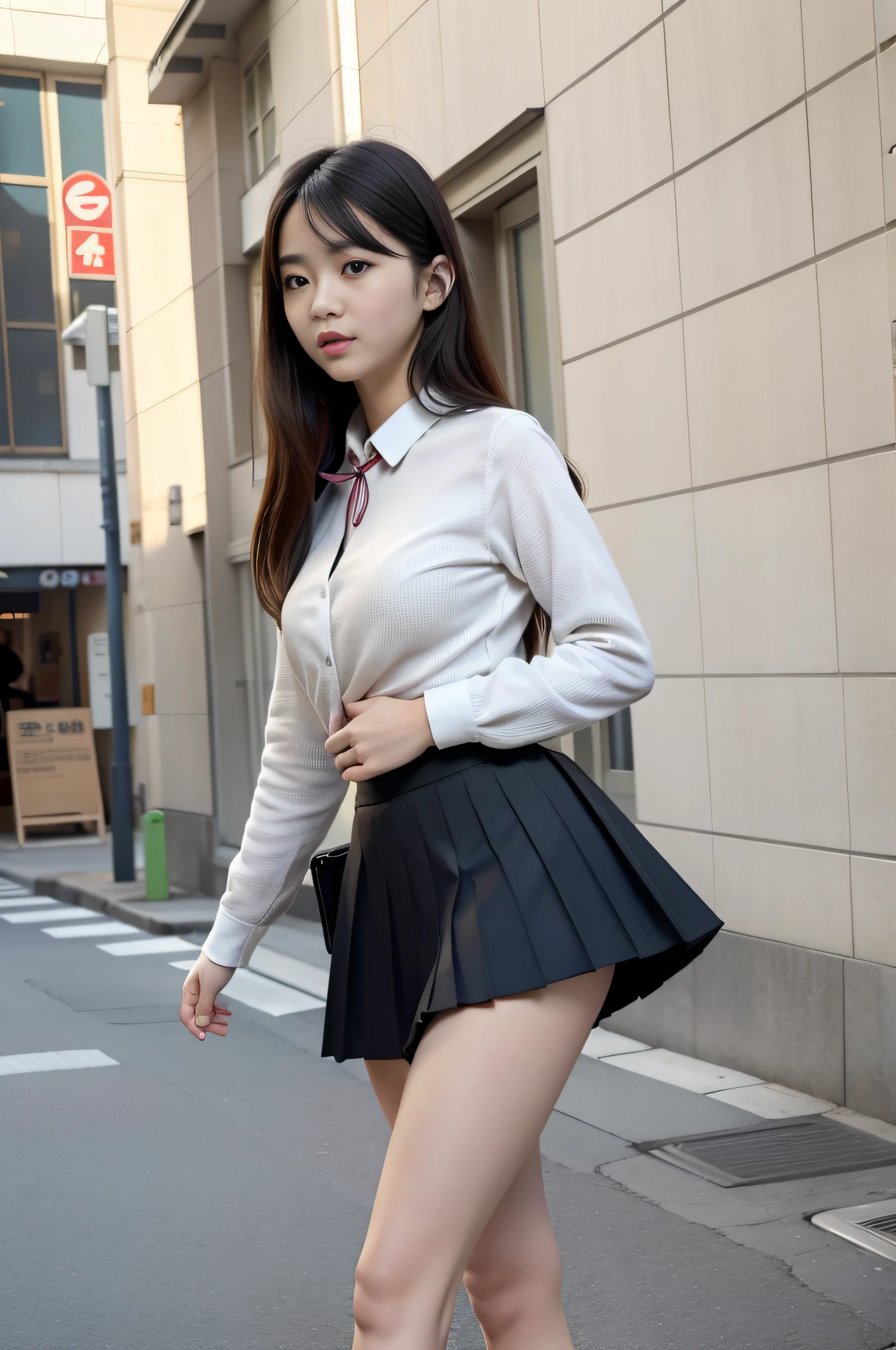 Move the center of gravity back, put your hands forward from both legs, put both feet in the circle of hands, quite embarrassing, panties, thin legs, tight skirt, standing, sidewalk, RAW photo, 8K, highest quality, super high resolution, beautiful face in every detail, realistic human skin, gentle expression, front view, angle from below, long hair, realistic, photorealistic, cute, short skirt, stand deep in the city, Cute schoolgirl, wearing Japan schoolgirl uniform, surreal schoolgirl, full body, empty-handed, 1 girl, holding skirt, flipping skirt