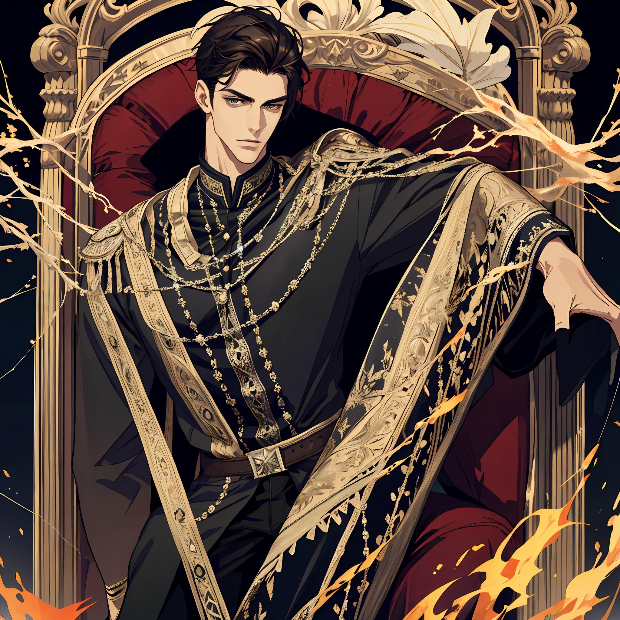 (absurd, tall, ultra detailed), 1 man, adult, handsome, tall and muscular face, broad shoulders, finely detailed eyes and detailed face, dark hair, fantasy, magnificent background, throne, magic effect, flame