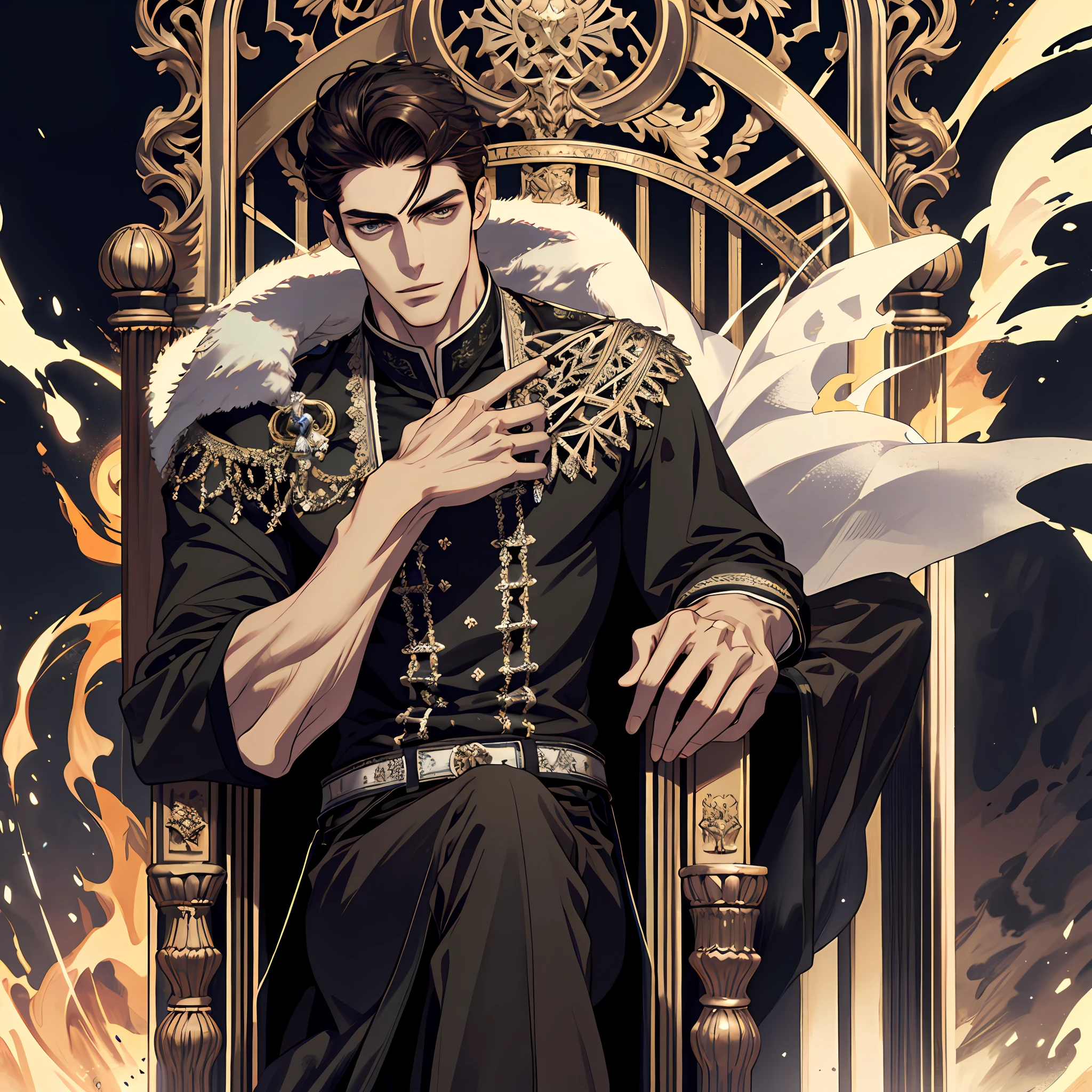 (absurd, tall, ultra detailed), 1 man, adult, handsome, tall and muscular face, broad shoulders, finely detailed eyes and detailed face, dark hair, fantasy, magnificent background, throne, magic effect, flame