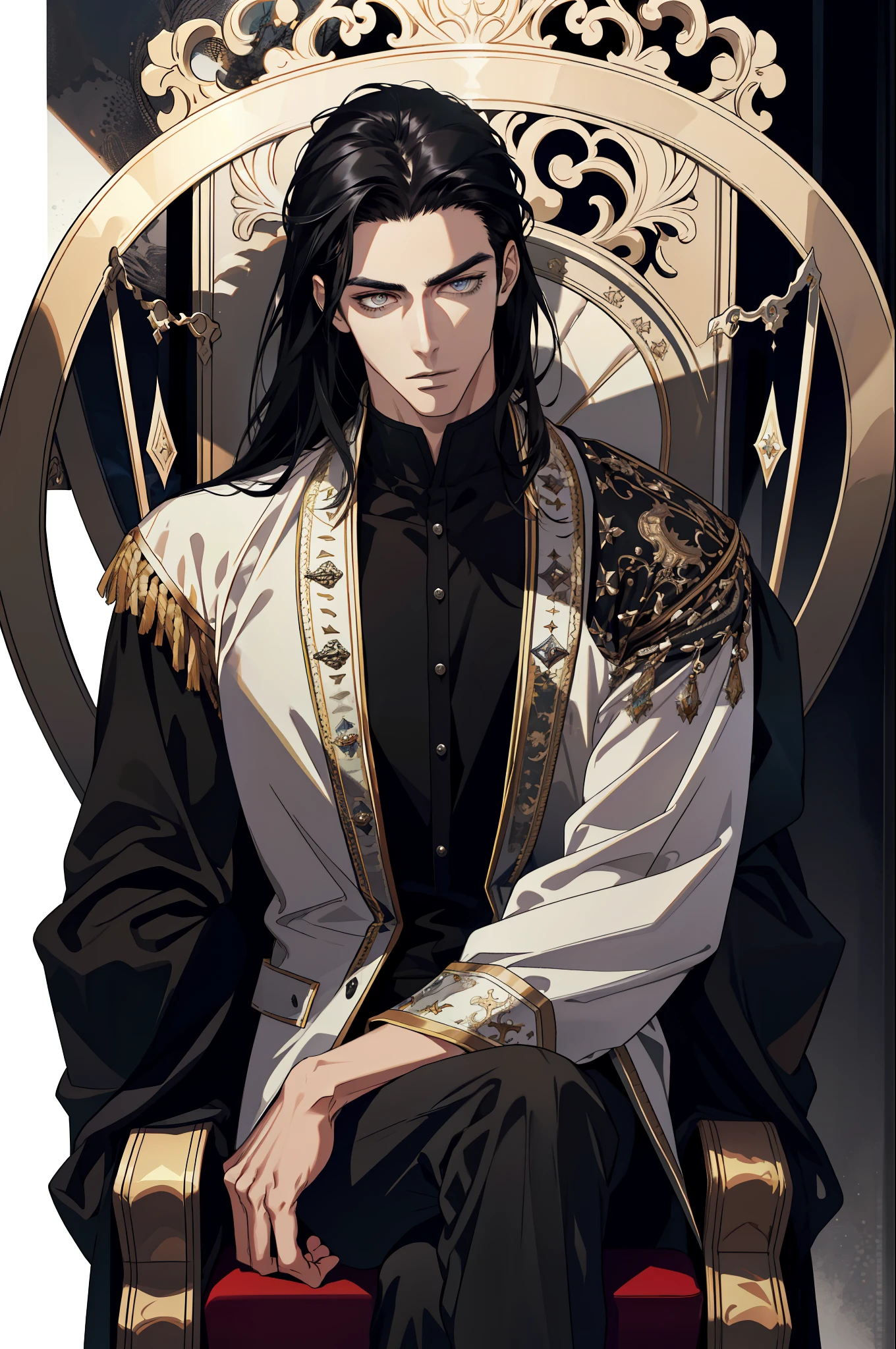 (absurd, high resolution, ultra detailed), 1 man, adult, handsome, tall and muscular boy, broad shoulders, finely detailed eyes and detailed face, long black hair, onyx colored eyes, fantasy, magnificent background,shadow effect, throne, magic effect, flame