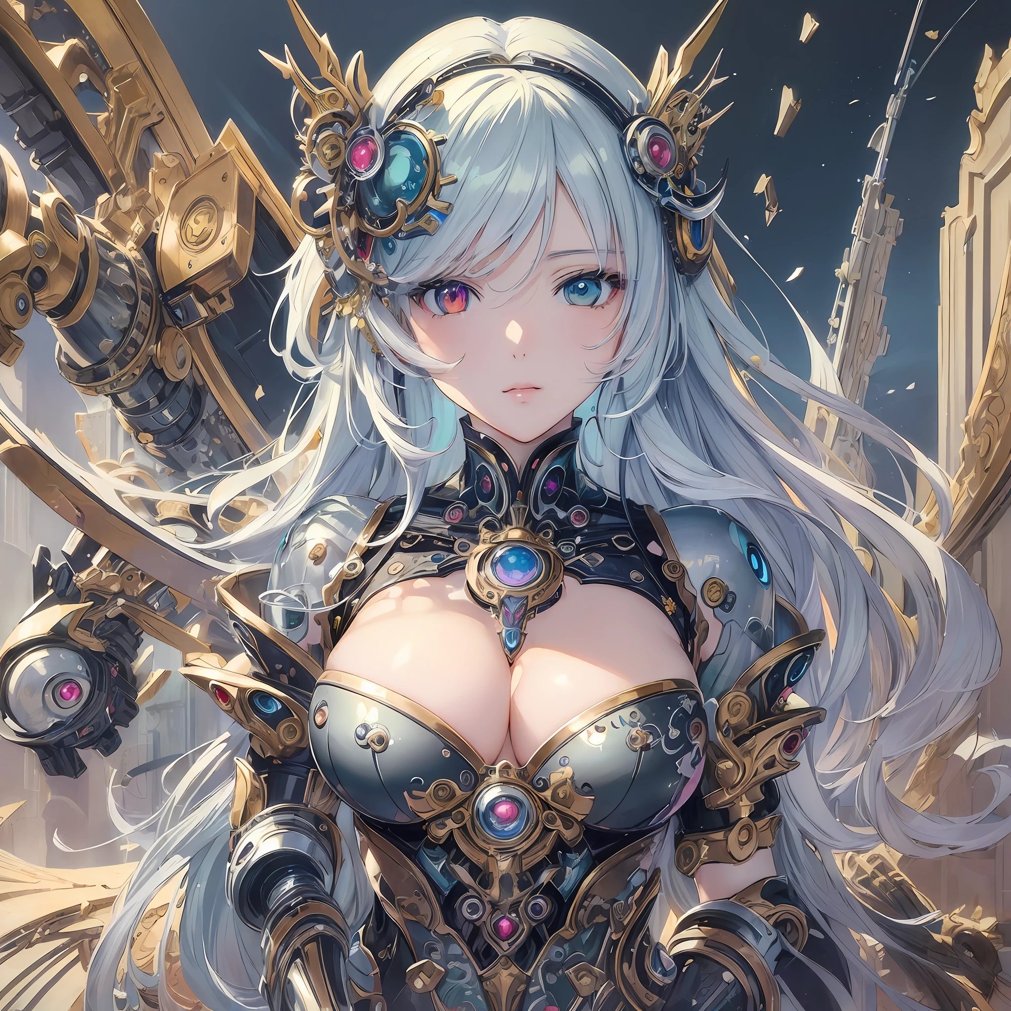 ((best quality:1.2)), ((masterpiece:1.4)), ((anime artwork:1.2)), ((beautiful artwork:1.5)), A captivating girl with heterochromia, mesmerizing multicolored eyes, adorned with mechanical parts, showcasing intricate mechanical arms and a robotic body, by {{Yoshitaka Amano}}, on eye level, scenic, [masterpiece]